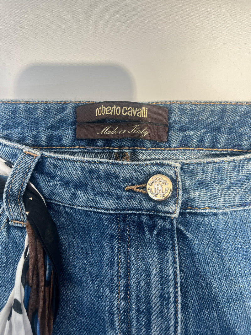 roberto cavalli/Straight Pants/46/Cotton/BLU/SCARF BELT / RIPPED DSGN