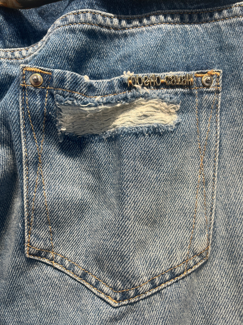 roberto cavalli/Straight Pants/46/Cotton/BLU/SCARF BELT / RIPPED DSGN