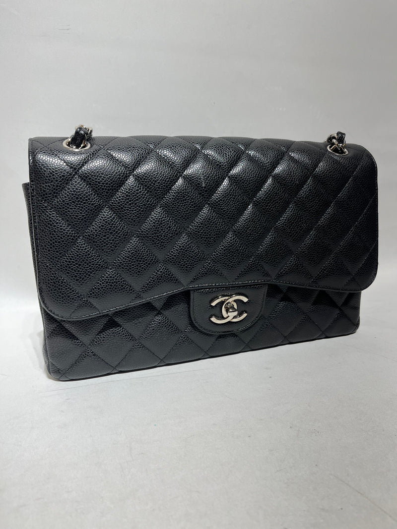 CHANEL/Clutch Bag/Leather/BLK/JUMBO QUITLTED BAG
