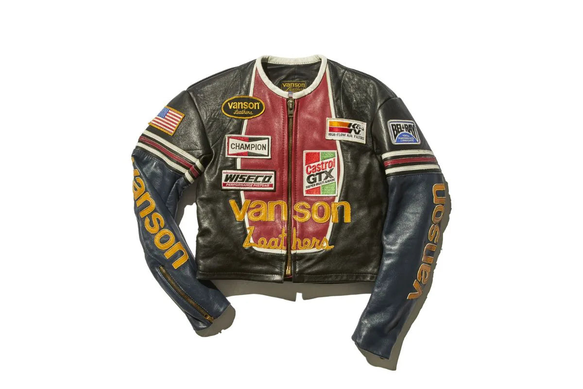 VANSON leather jacket with a USA flag, patches of several logos