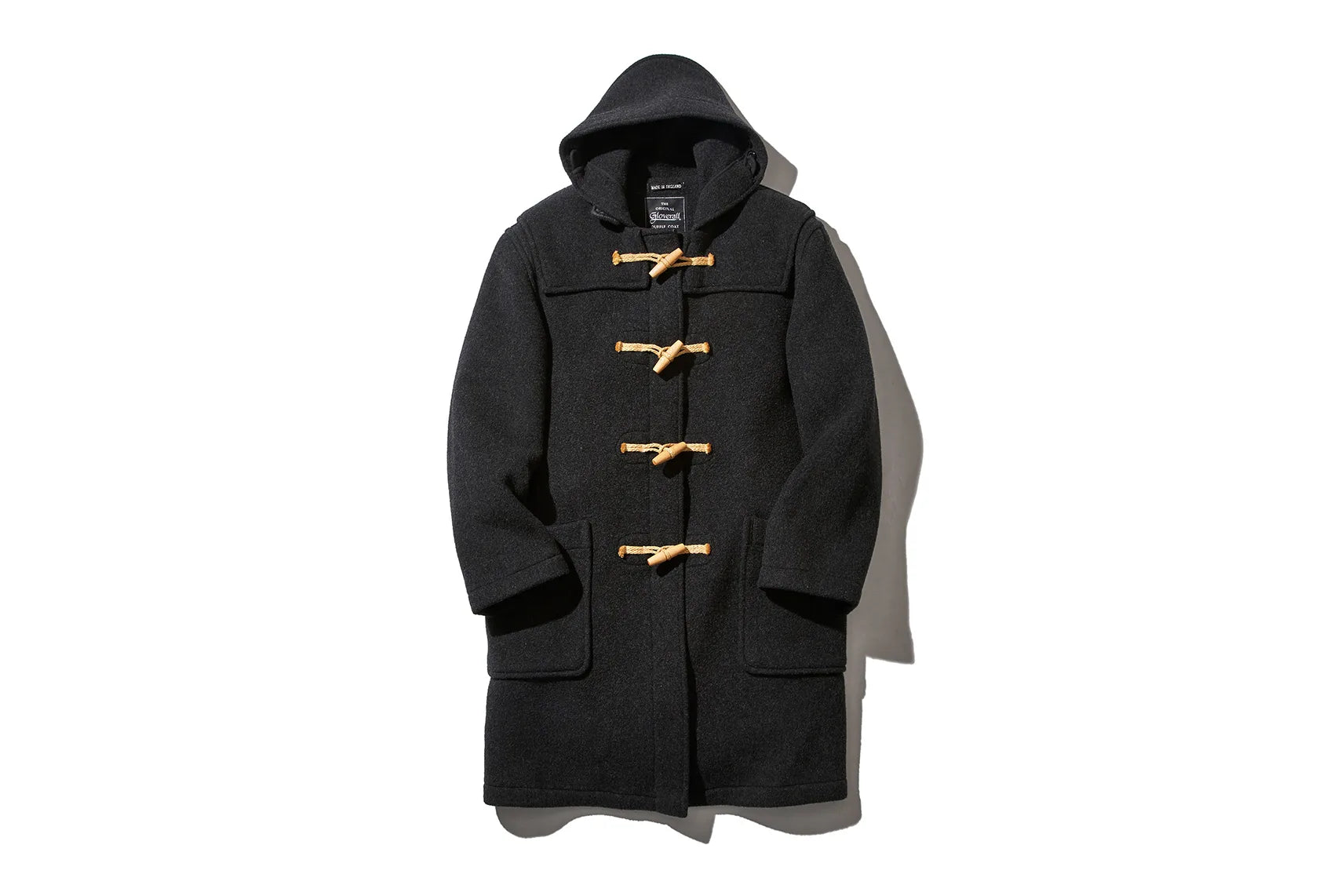 Black Gloverall hooded wool duffle coat with wooden toggle closures and front patch pockets
