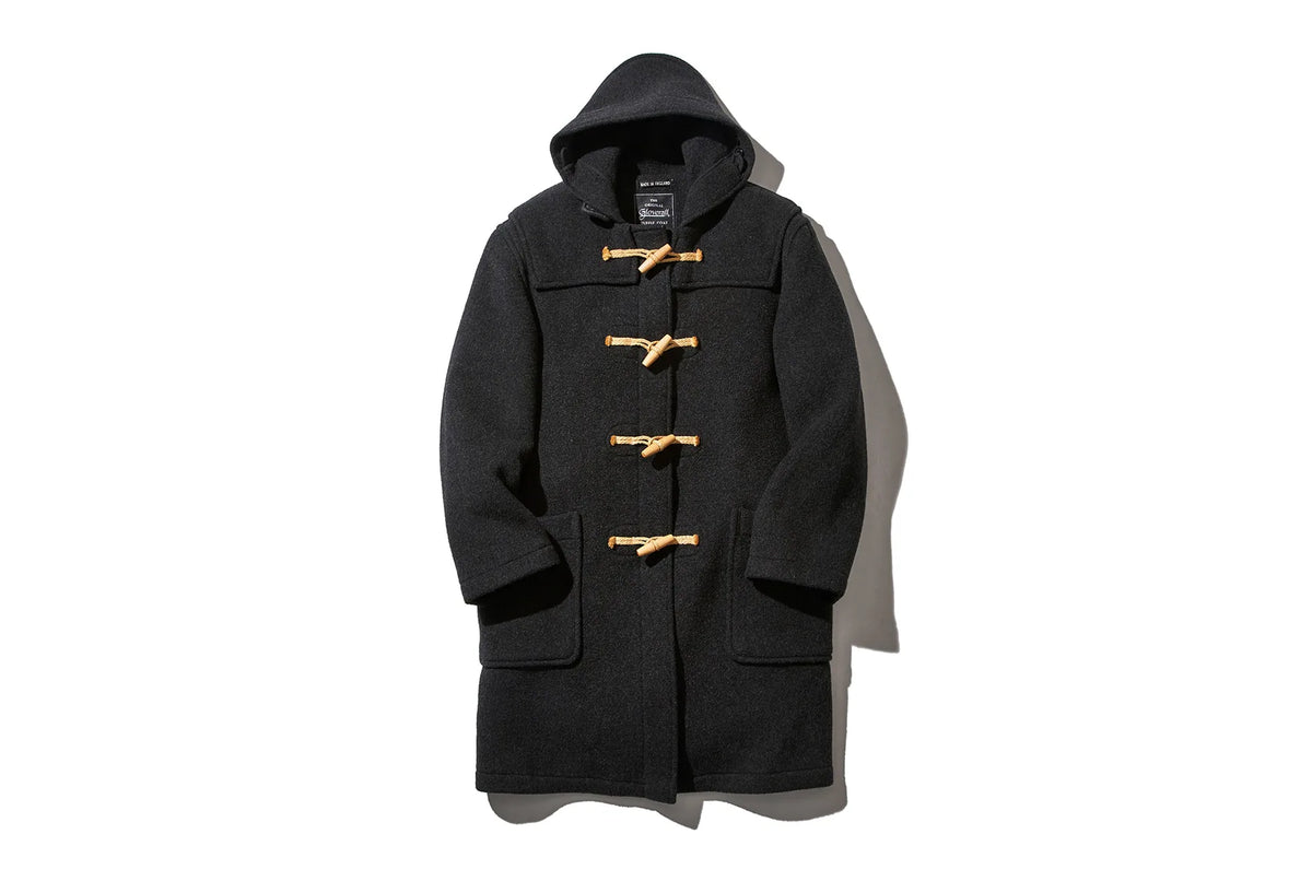 Black Gloverall hooded wool duffle coat with wooden toggle closures and front patch pockets