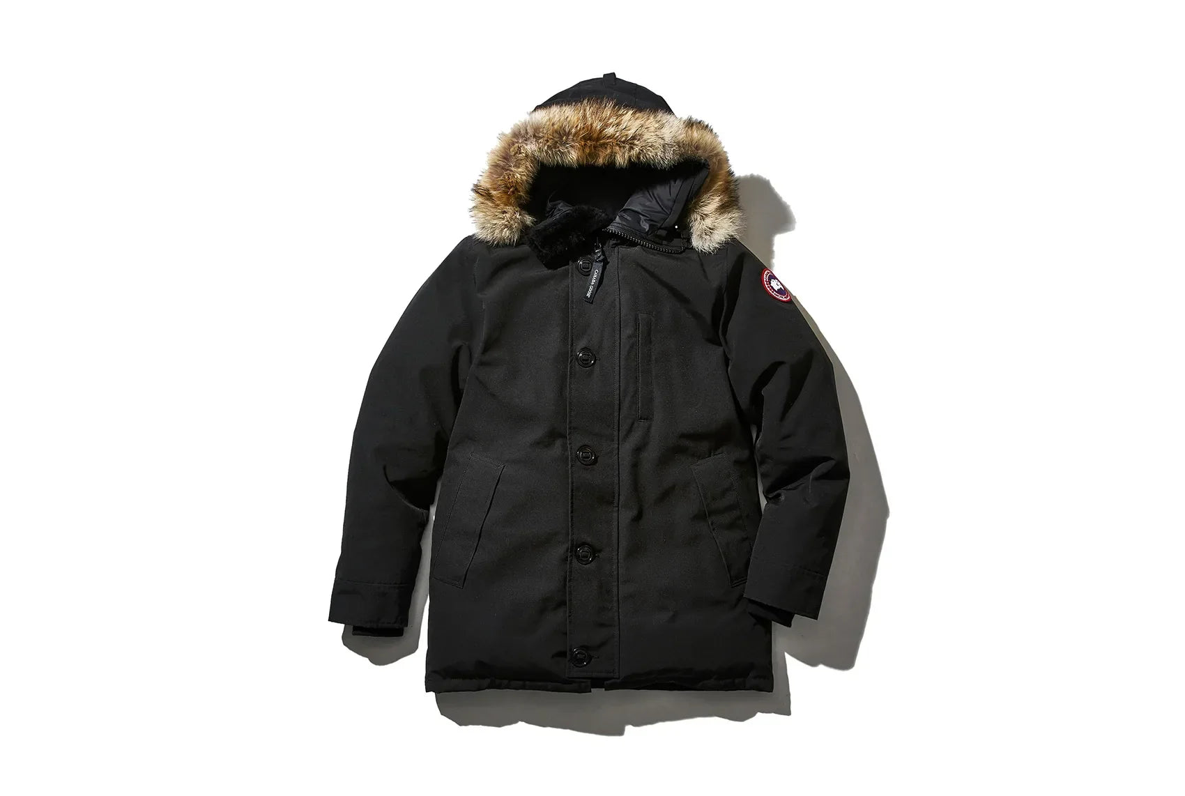 Black Canada Goose puffer jacket with fur edged hoodie