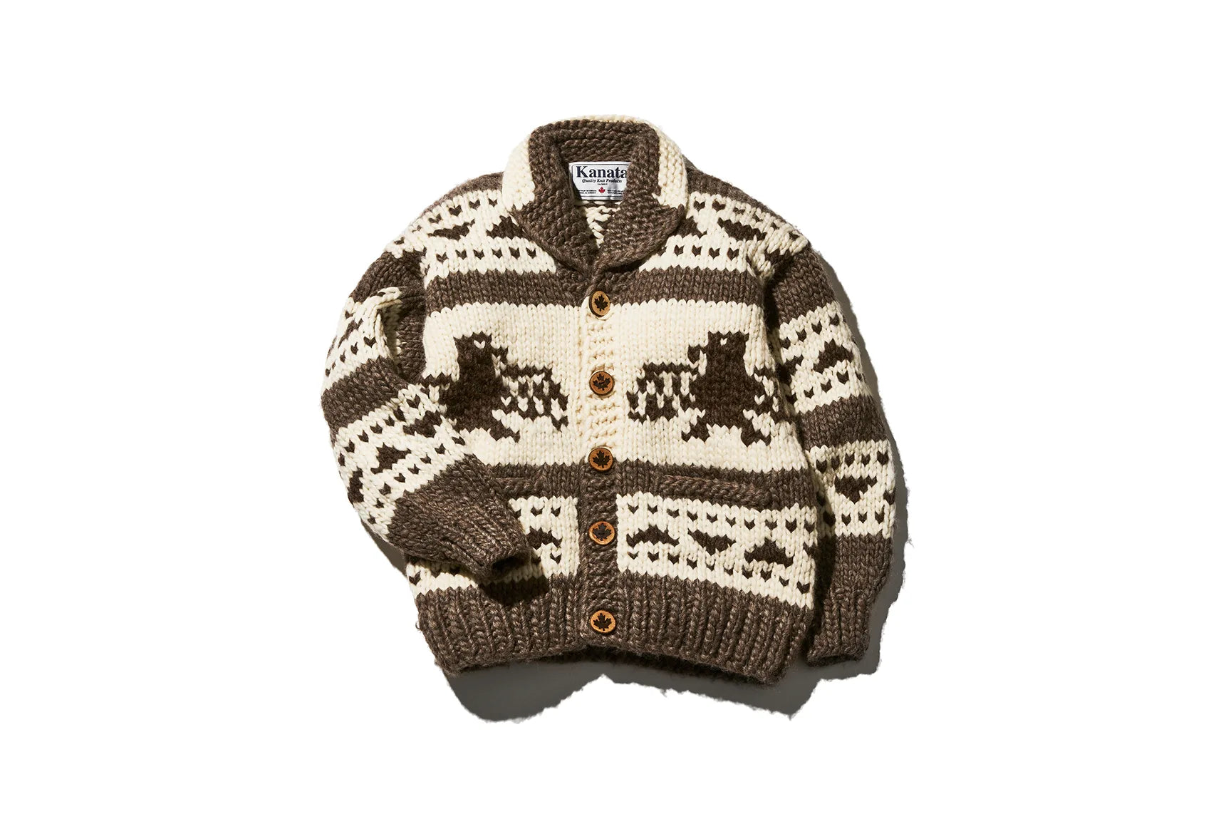 White and brown patterned cardigan with a shawl collar, button front, and long sleeves