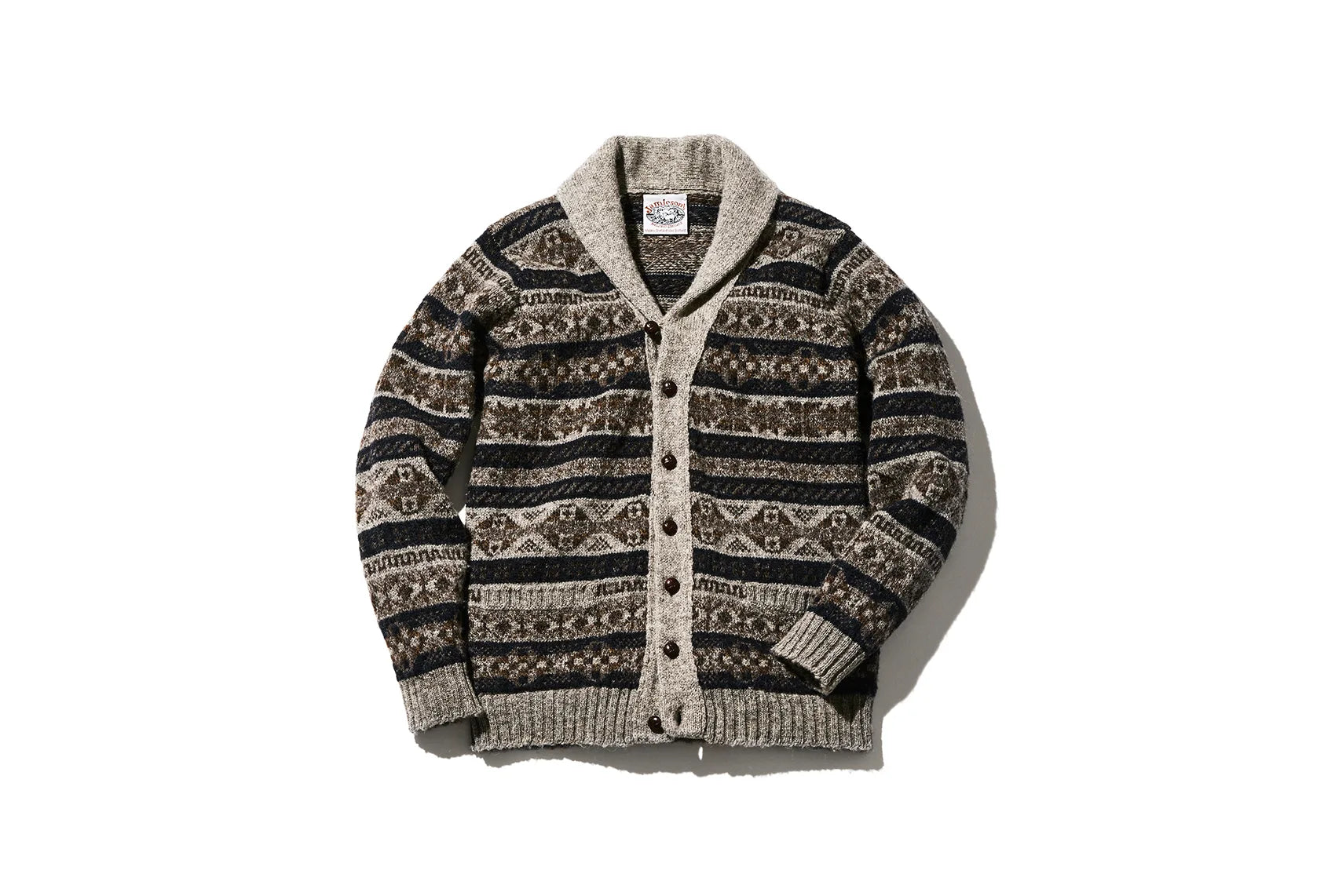 Gray and brown patterned cardigan with a shawl collar, button front, and long sleeves