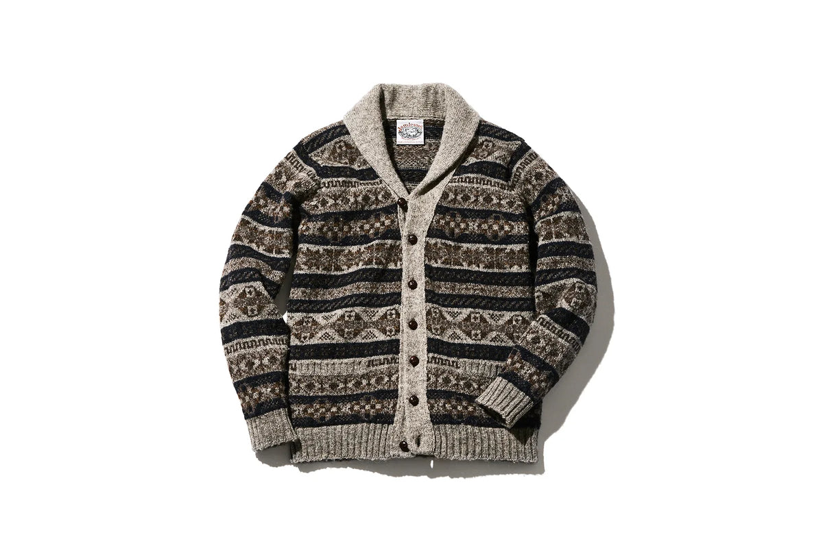 Gray and brown patterned cardigan with a shawl collar, button front, and long sleeves