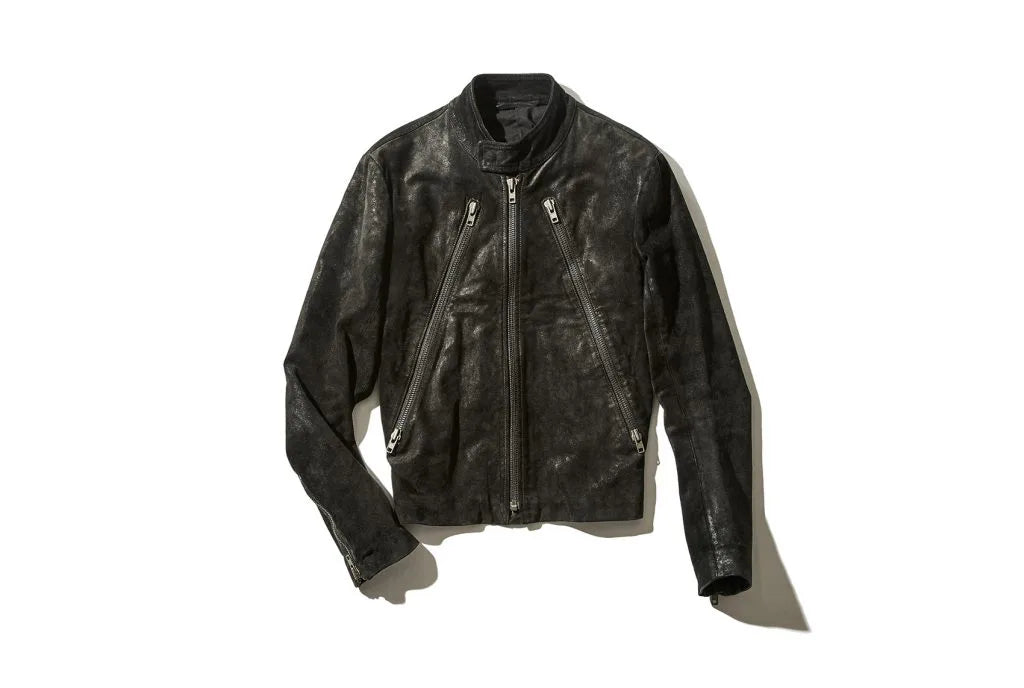 Black leather jacket with long zipped pockets on the front