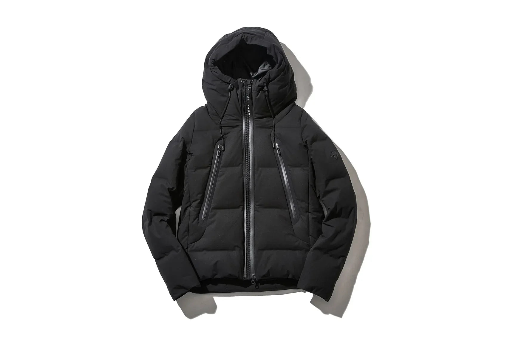 Black puffer jacket with a hood and zipper