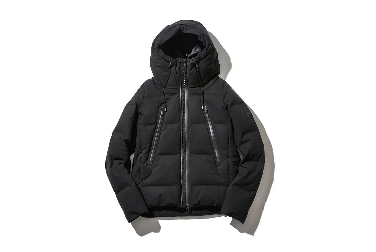Black puffer jacket with a hood and zipper