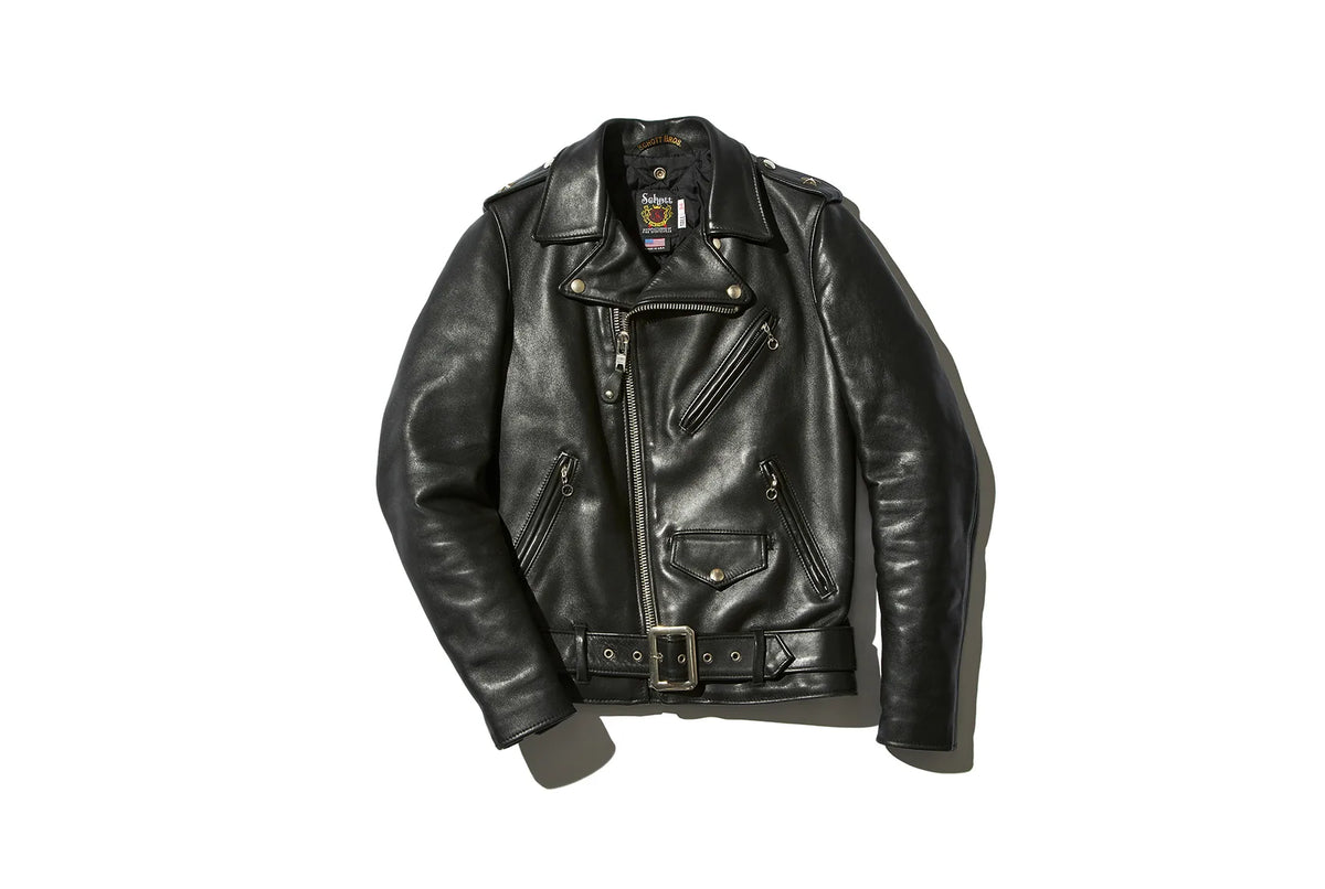 Black leather jacket with two zipper pocked on the left and right and a small button pocket