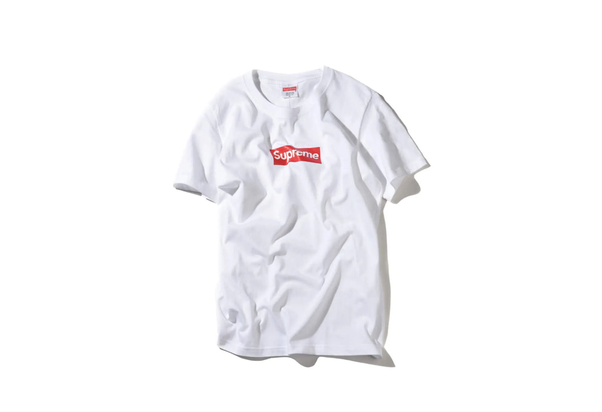 White tee with the red and white Supreme logo in the front
