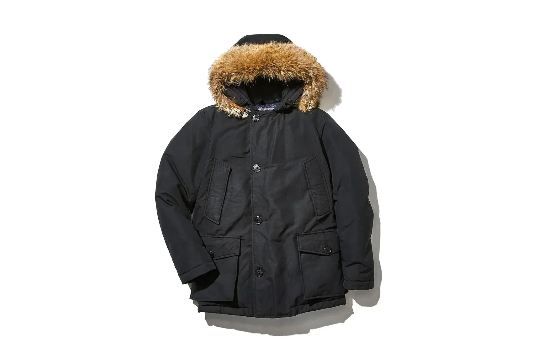 Black jacket with buttons and a hoodie with fur