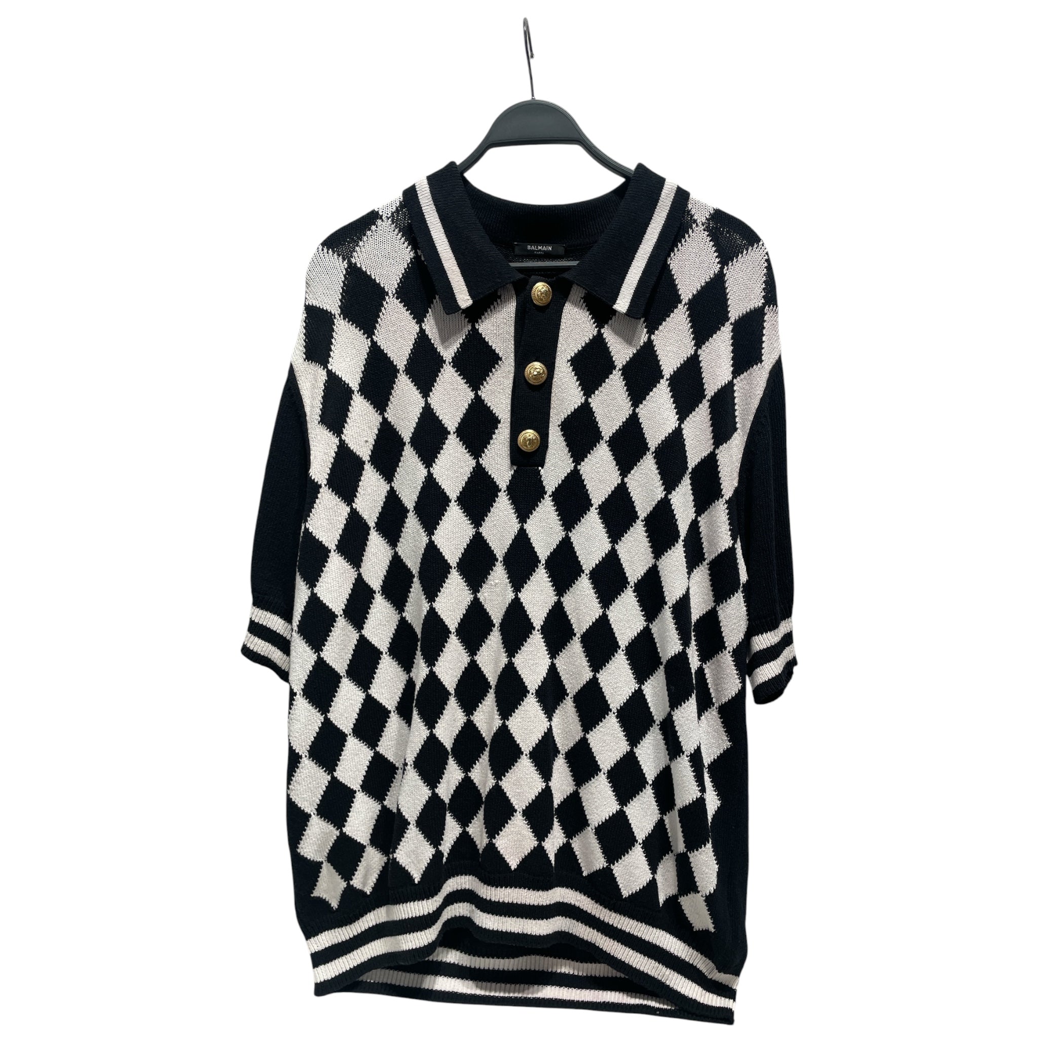 BALMAIN/Polo Shirt/XXL/Cotton/BLK/All Over Print/Arglye Knit Polo view 1