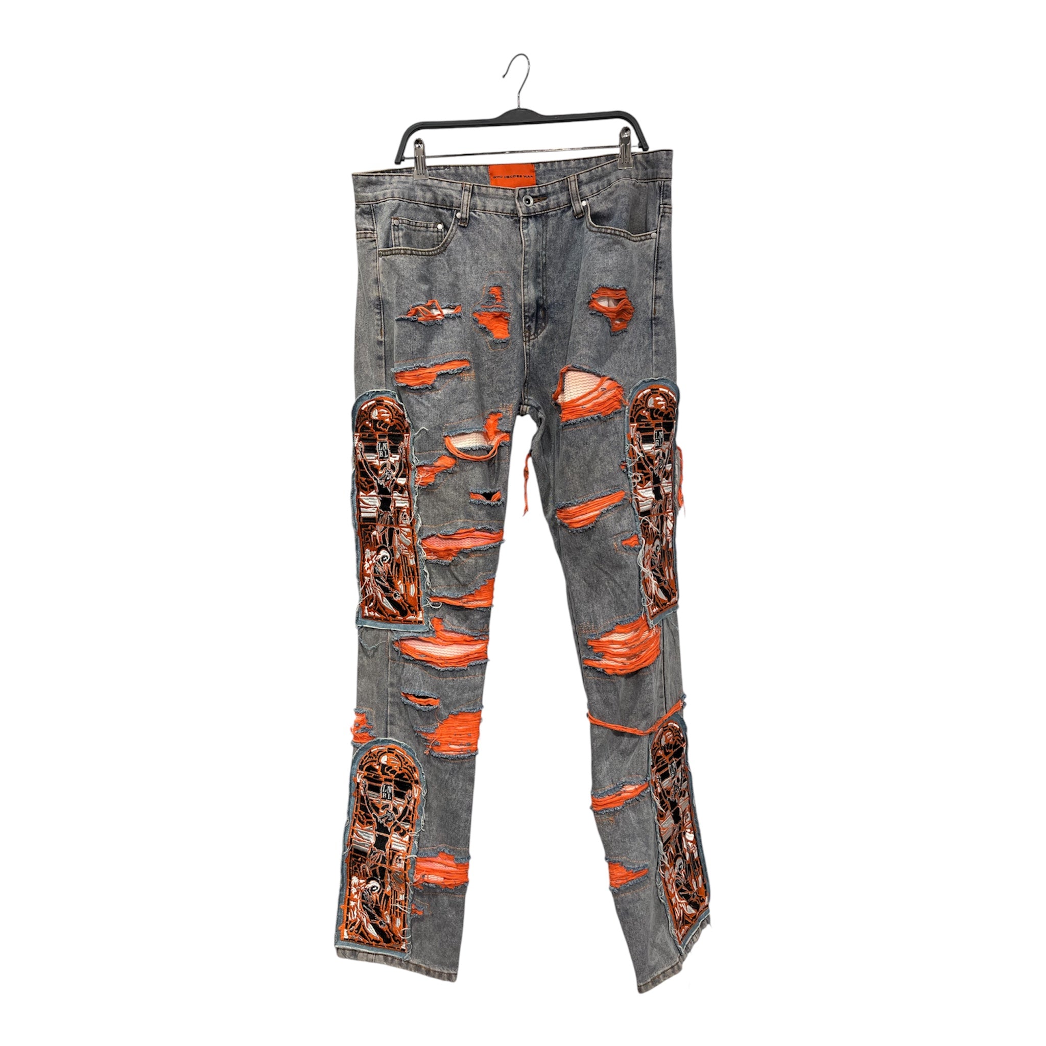 WHO DECIDES WAR/Straight Pants/36/Cotton/IDG/Button Fly/All Over Print/orange stained glass denim view 1