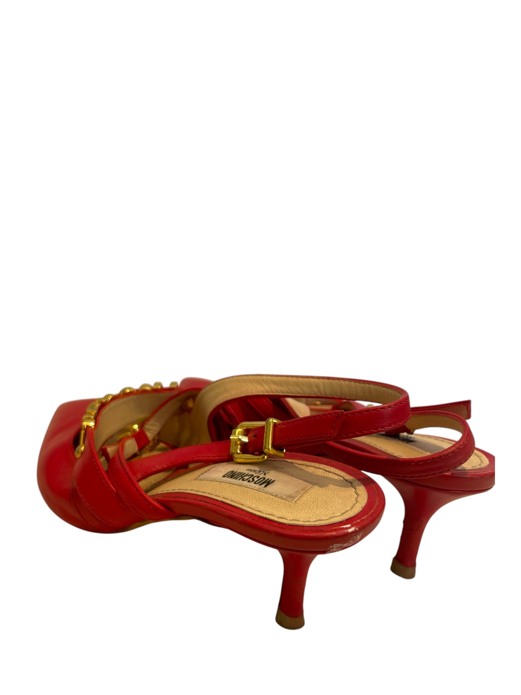 MOSCHINO/Heels/EU 38/Leather/RED/gld hard/2 front logos on hand view 2