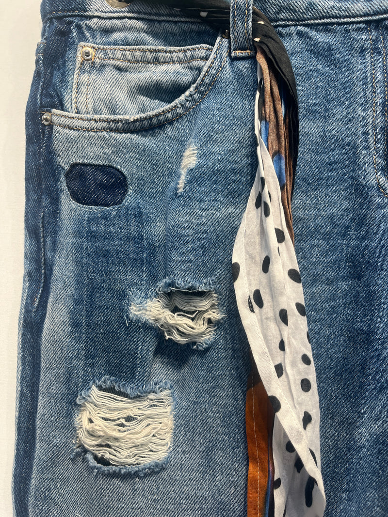 roberto cavalli/Straight Pants/46/Cotton/BLU/SCARF BELT / RIPPED DSGN