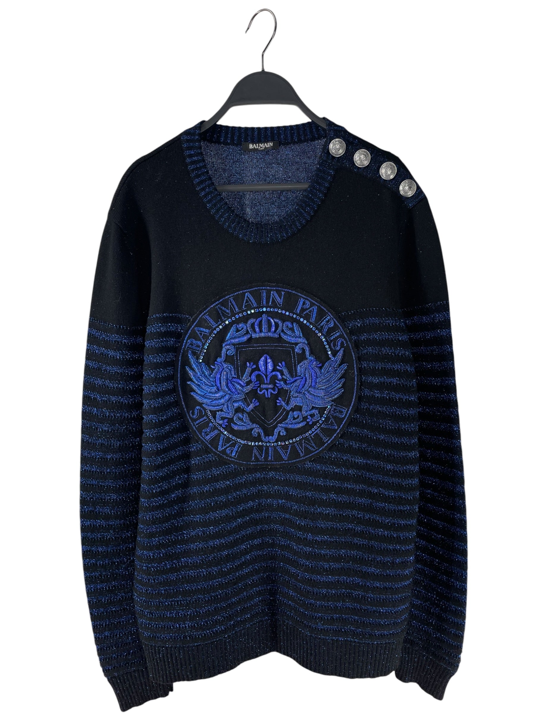 BALMAIN/Sweater/XL/Stripe/Wool/BLU/BLUE EMBROIDERED MOTIF KNIT view 1