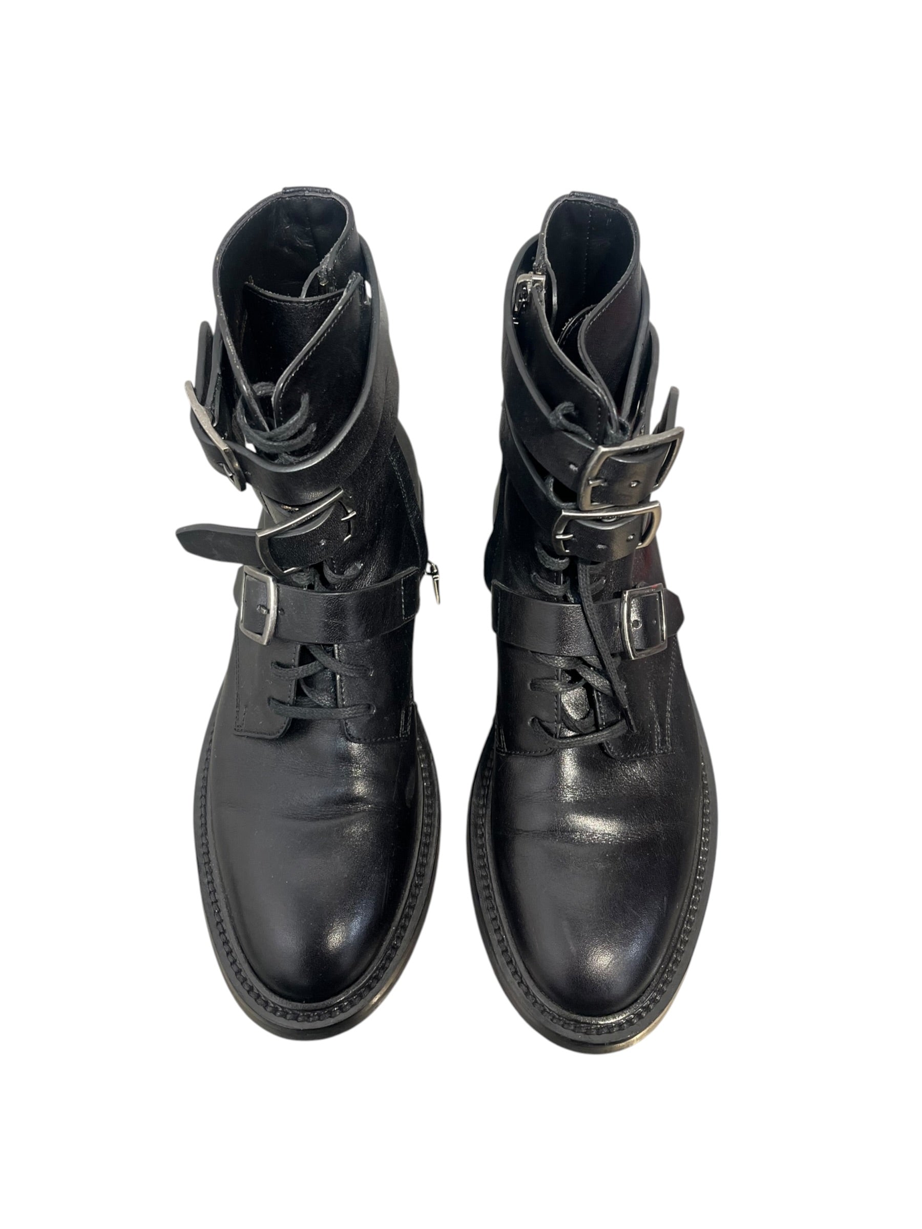 SAINT LAURENT/Lace Up Boots/EU 38/Leather/BLK/ARMY BIKER BOOTS DOUBLE BUCKLE view 2