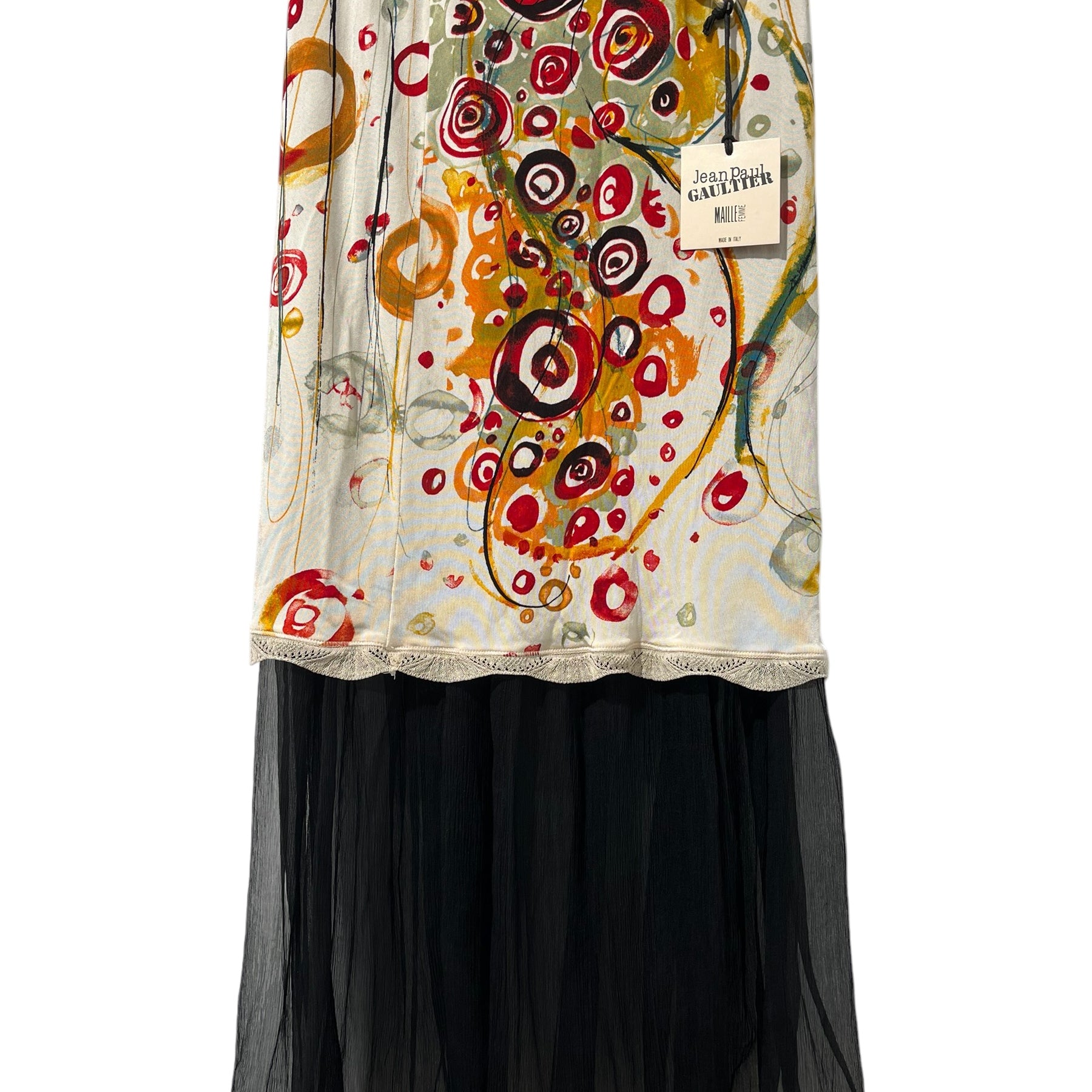 Jean Paul GAULTIER FEMME/Long Skirt/L/All Over Print/Silk/BLK/2 LAYER ABSTRACT CIRCLE PRINT