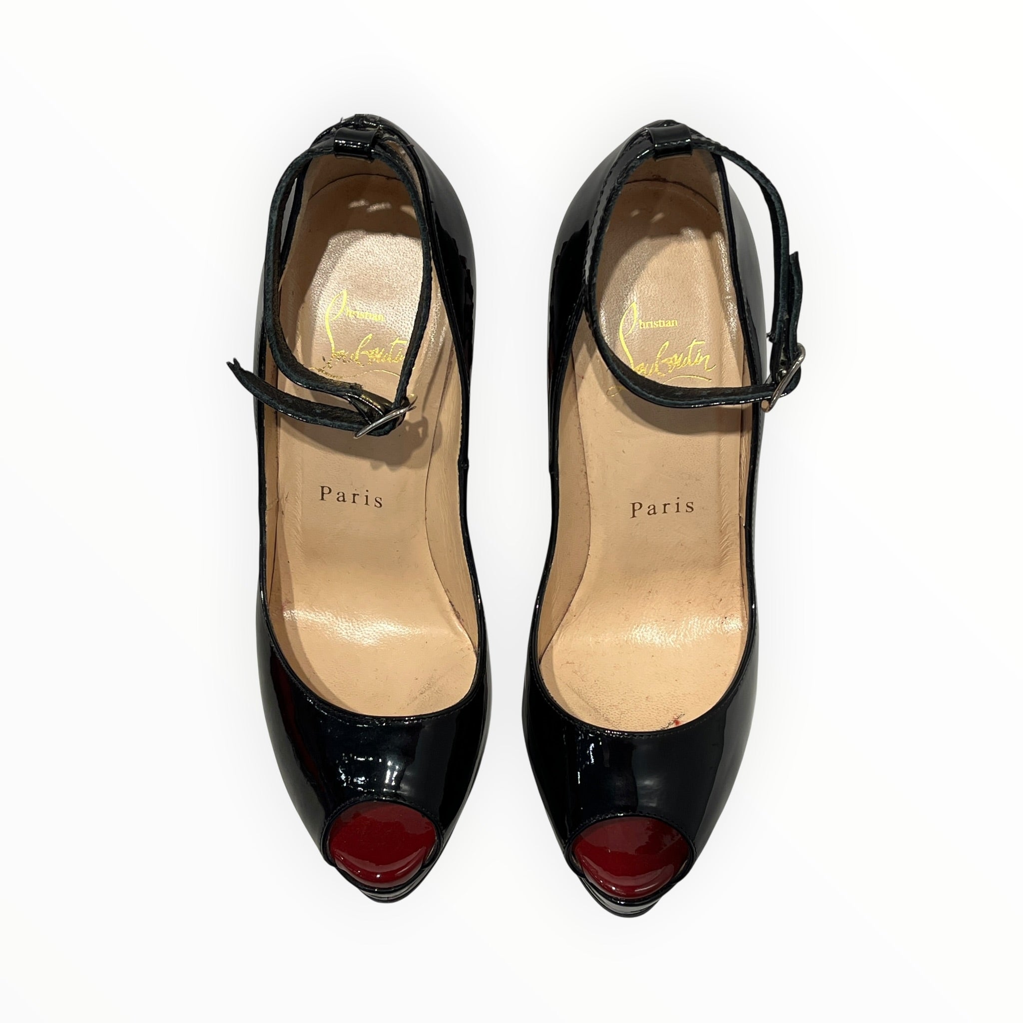 Christian Louboutin/Heels/EU 35.5/Leather/BLK/Ankle Strap/RED STUDDED HEEL view 6