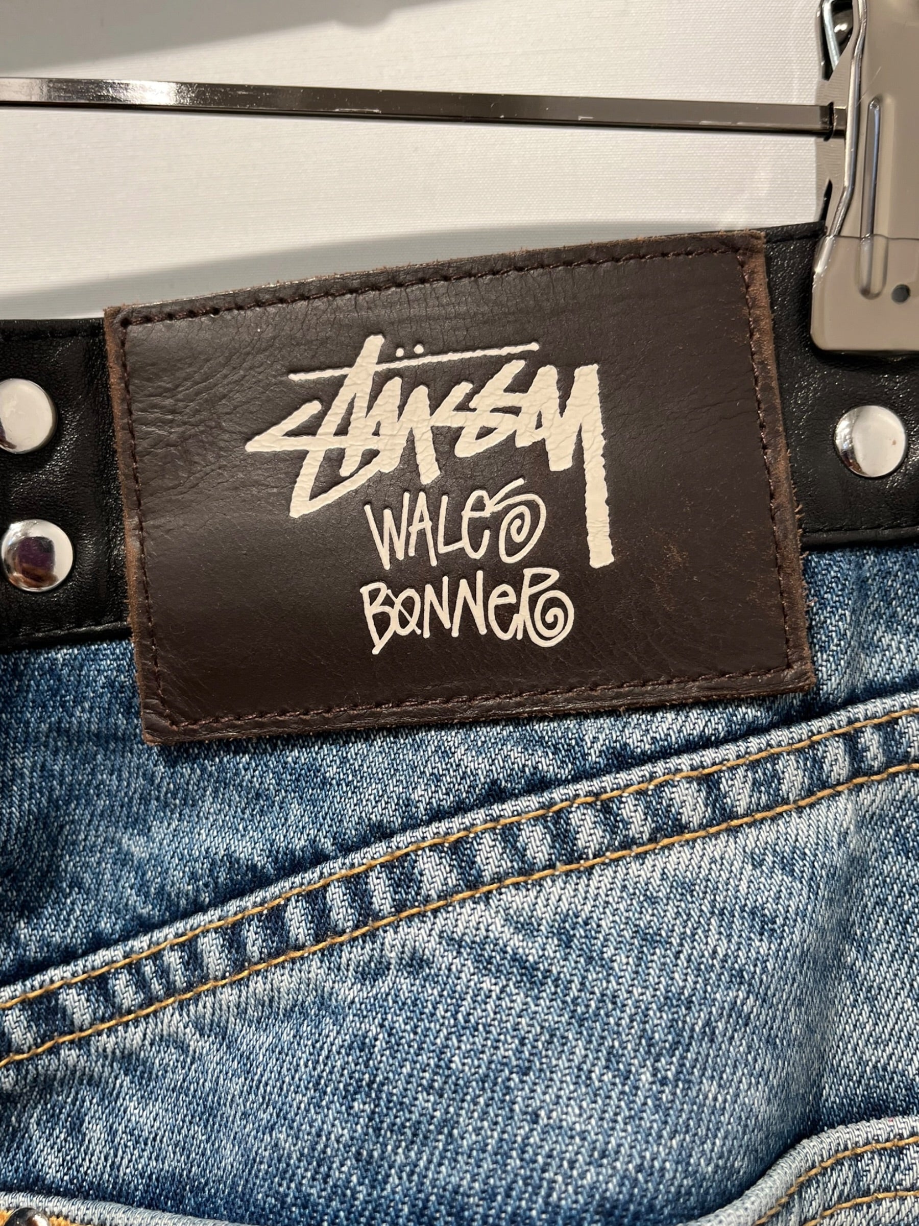 STUSSY/WALES BONNER/Straight Pants/32/Denim/BLU/Button Fly/studded/ leather waistband view 5