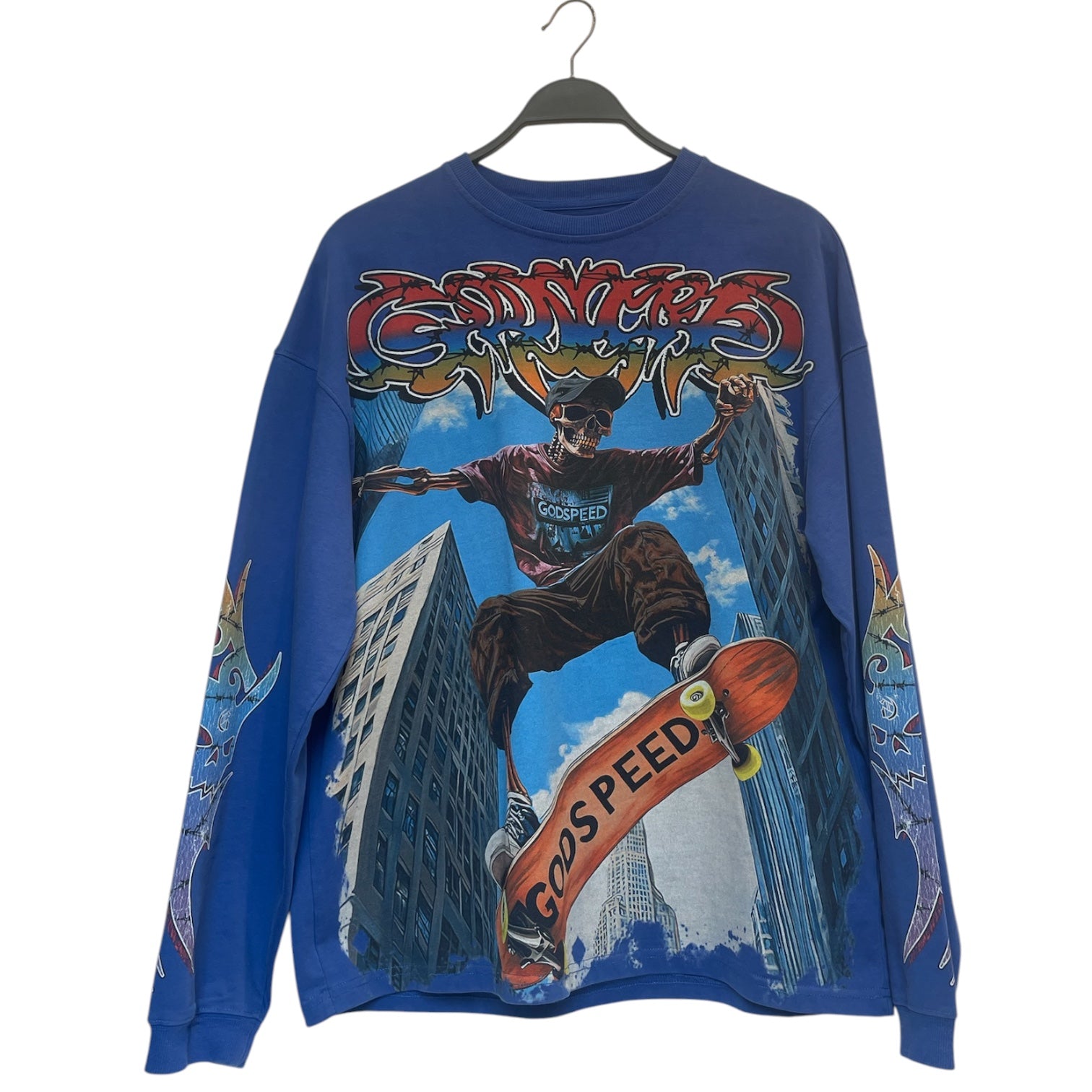 GODSPEED NEW YORK/LS T-Shirt/S/Cotton/BLU/Graphic/skeleton skateboard/godspeed view 1