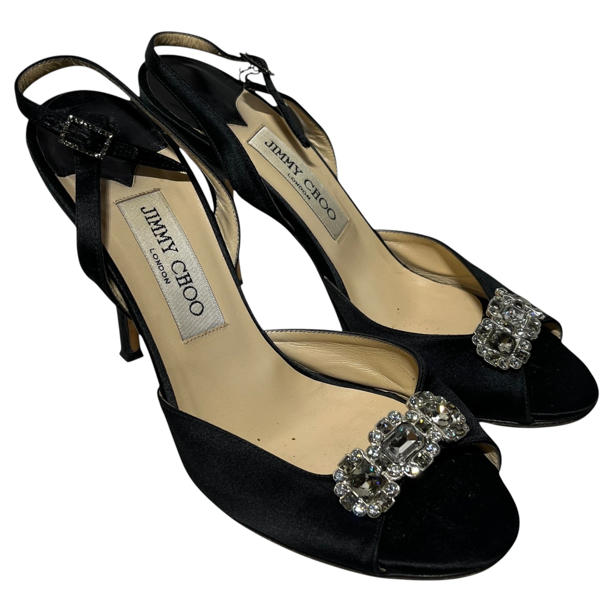 JIMMY CHOO/Heels/US 8/Silk/BLK/Open Toe Gem Detail view 1