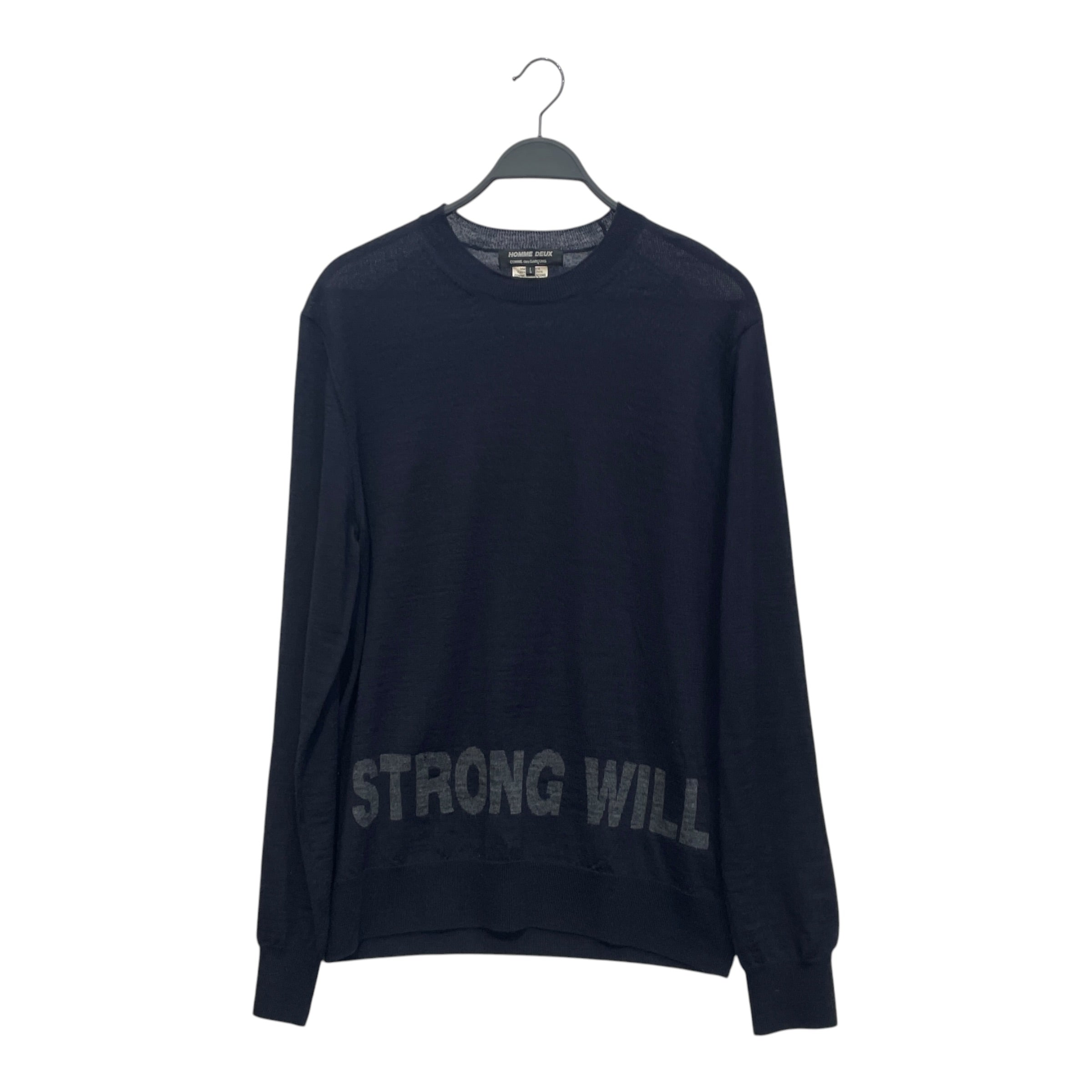 COMME des GARCONS HOMME DEUX/Sweater/L/Cotton/NVY/STRONG WILLED ON BACK view 1