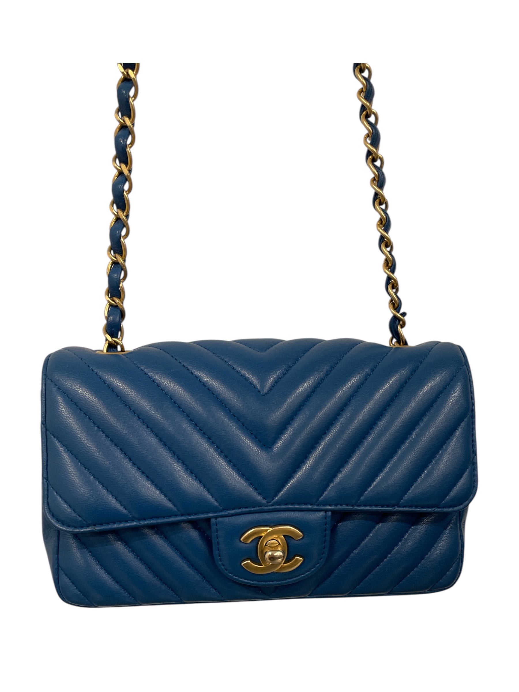 CHANEL/Cross Body Bag/Leather/BLU/mini chevron flap view 3