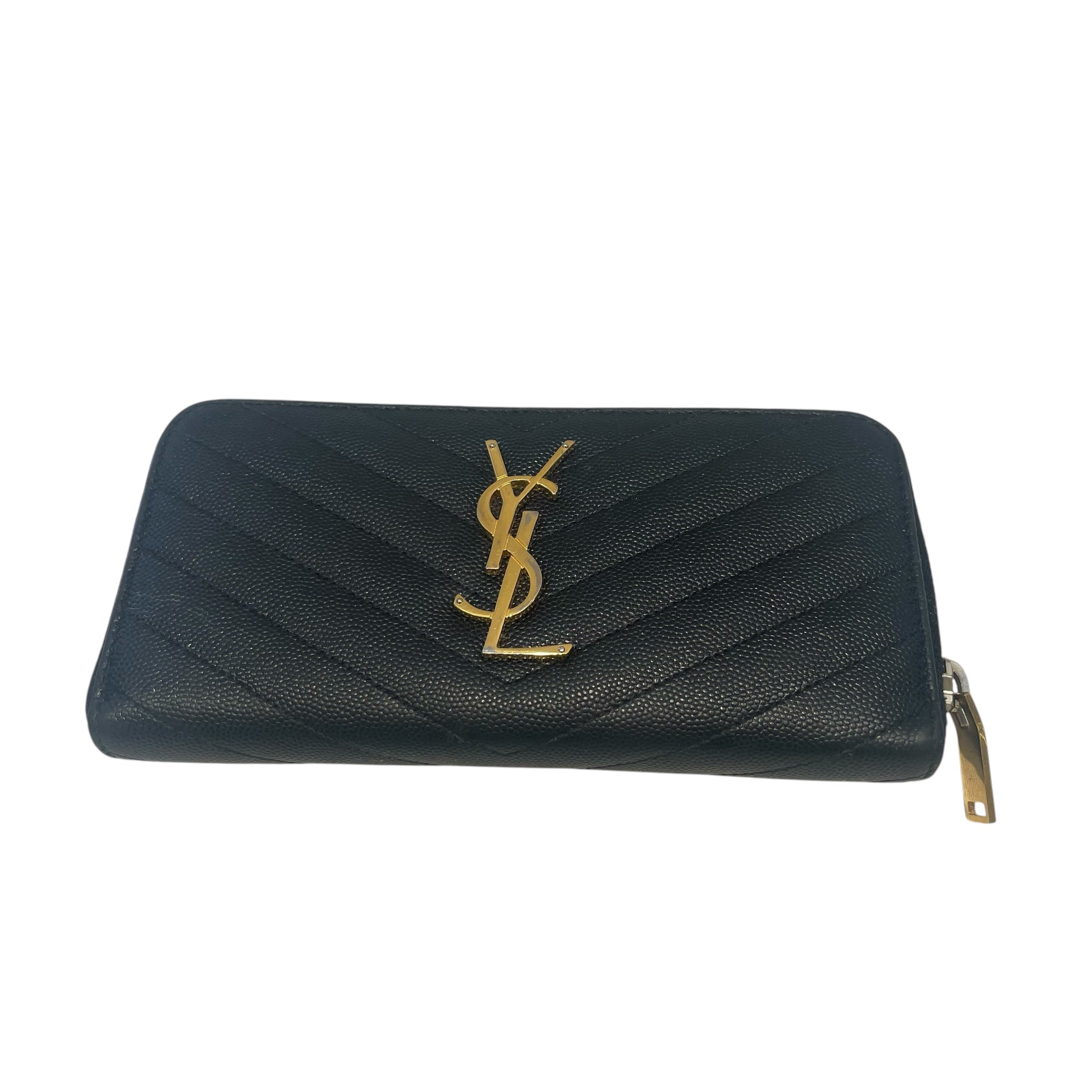 SAINT LAURENT/Long Wallet/Leather/BLK/chevron stitchig/gld hardware view 1