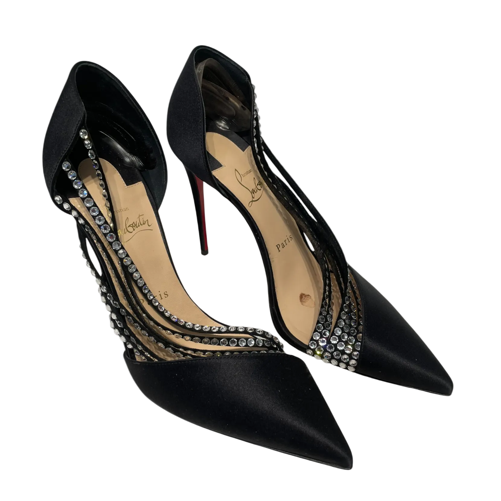 Christian Louboutin/Heels/EU 38.5/Silk/BLK/CRYSTAL SIDE DETAIL view 1