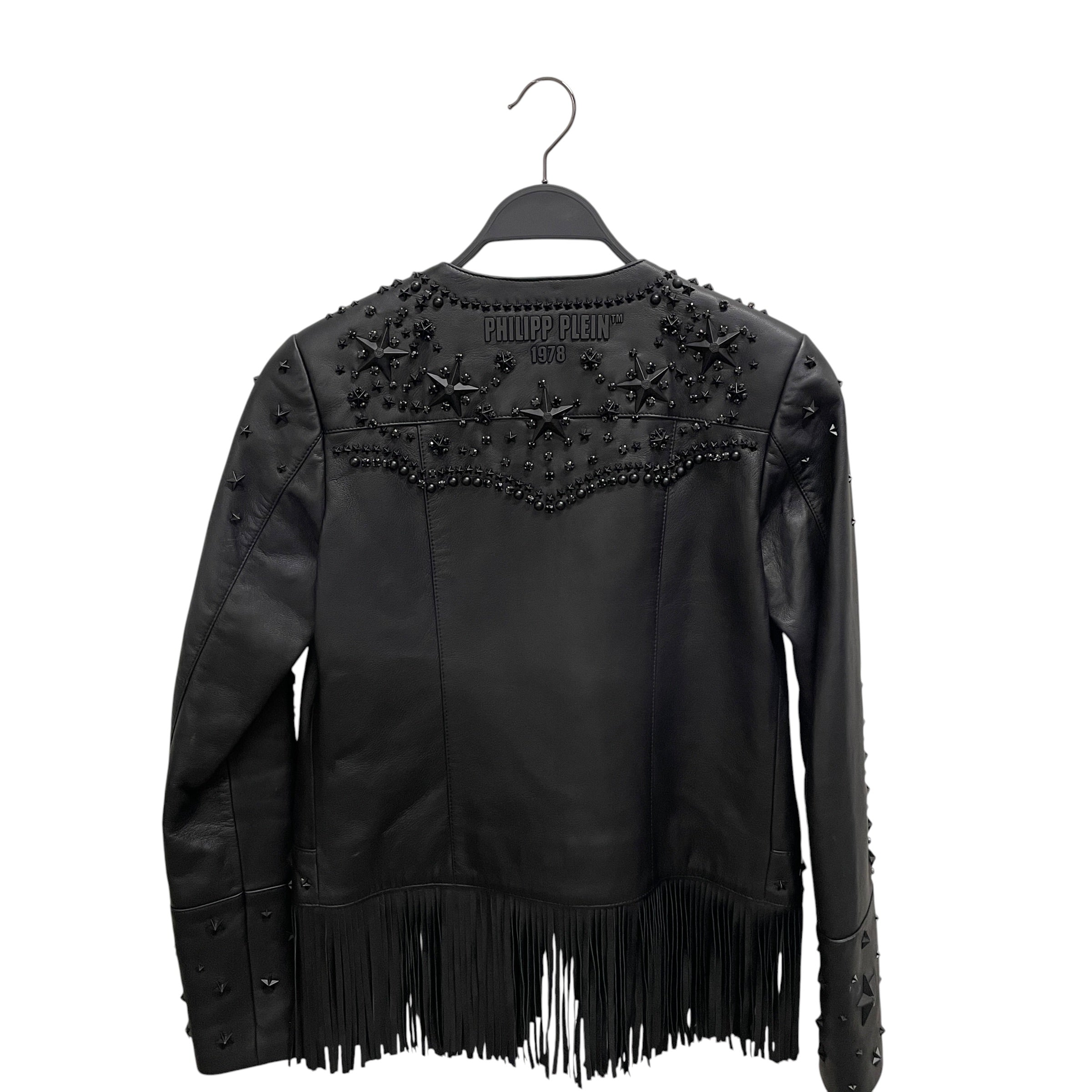 PHILIPP PLEIN/Leather Jkt/S/Leather/BLK/All Over Print/star studs + fringe view 1