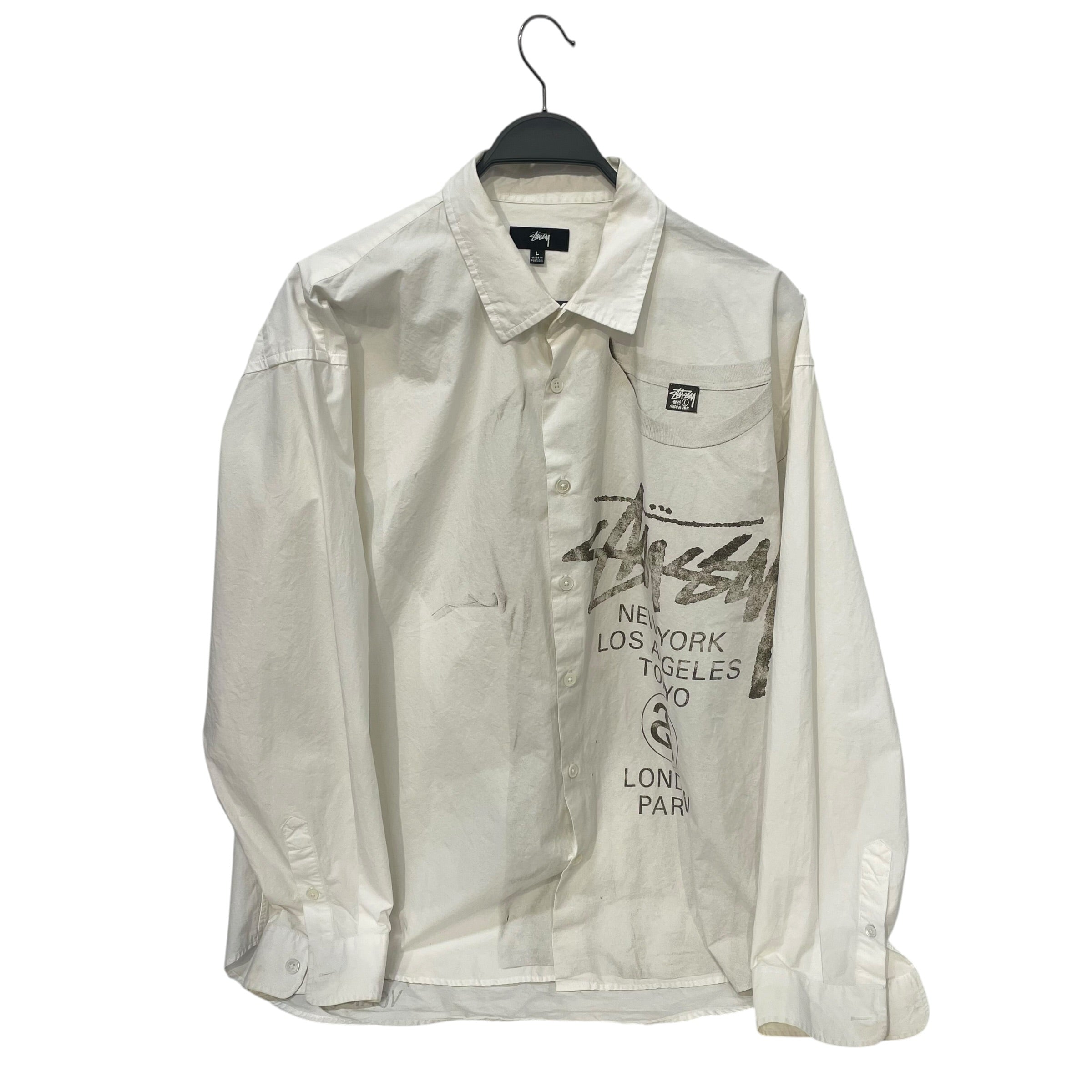 STUSSY/LS Shirt/L/Cotton/WHT/Open Coller/Graphic/World Tour view 1