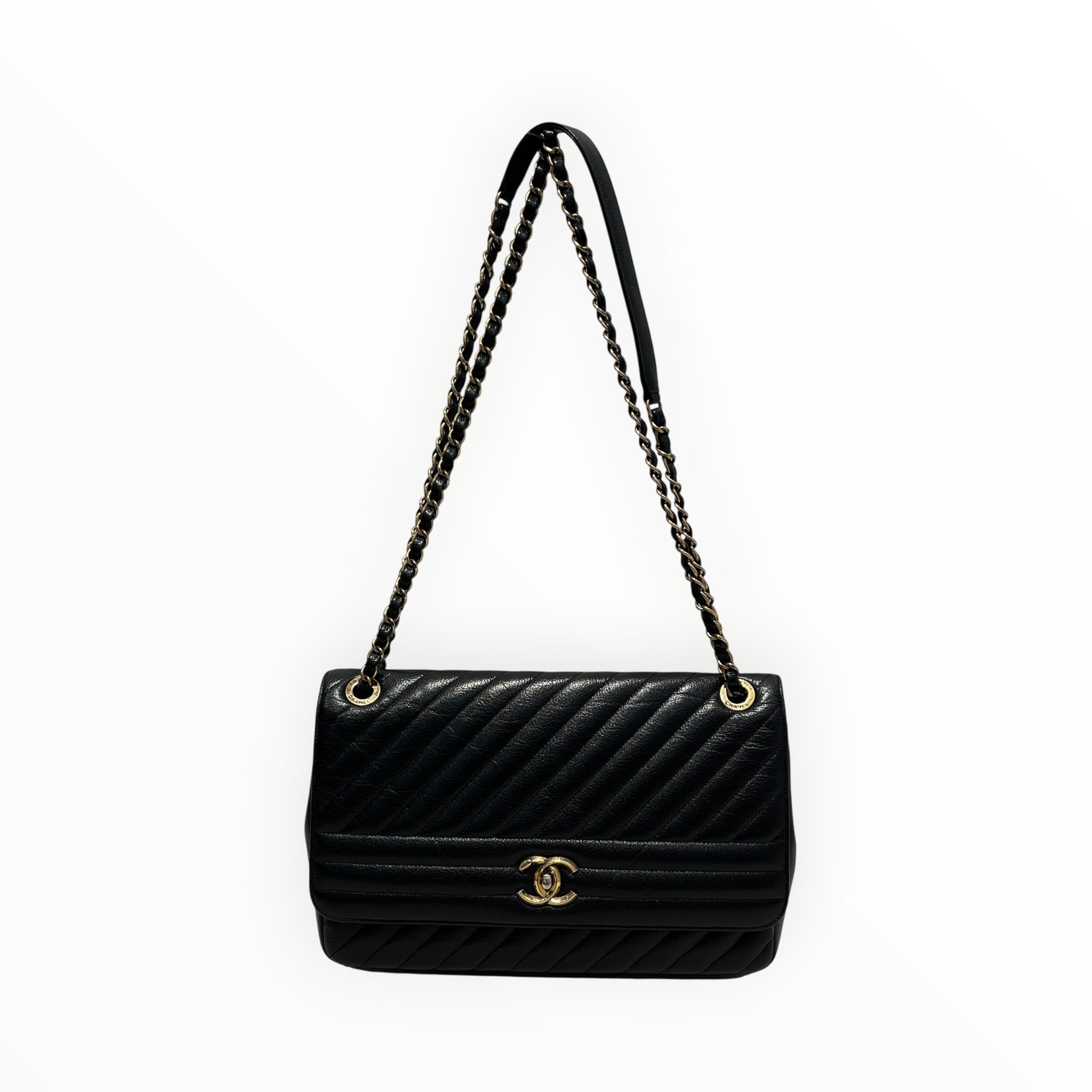 CHANEL/Cross Body Bag/Leather/BLK/DIAGONAL QUILT FLAP BAG LARGE view 1