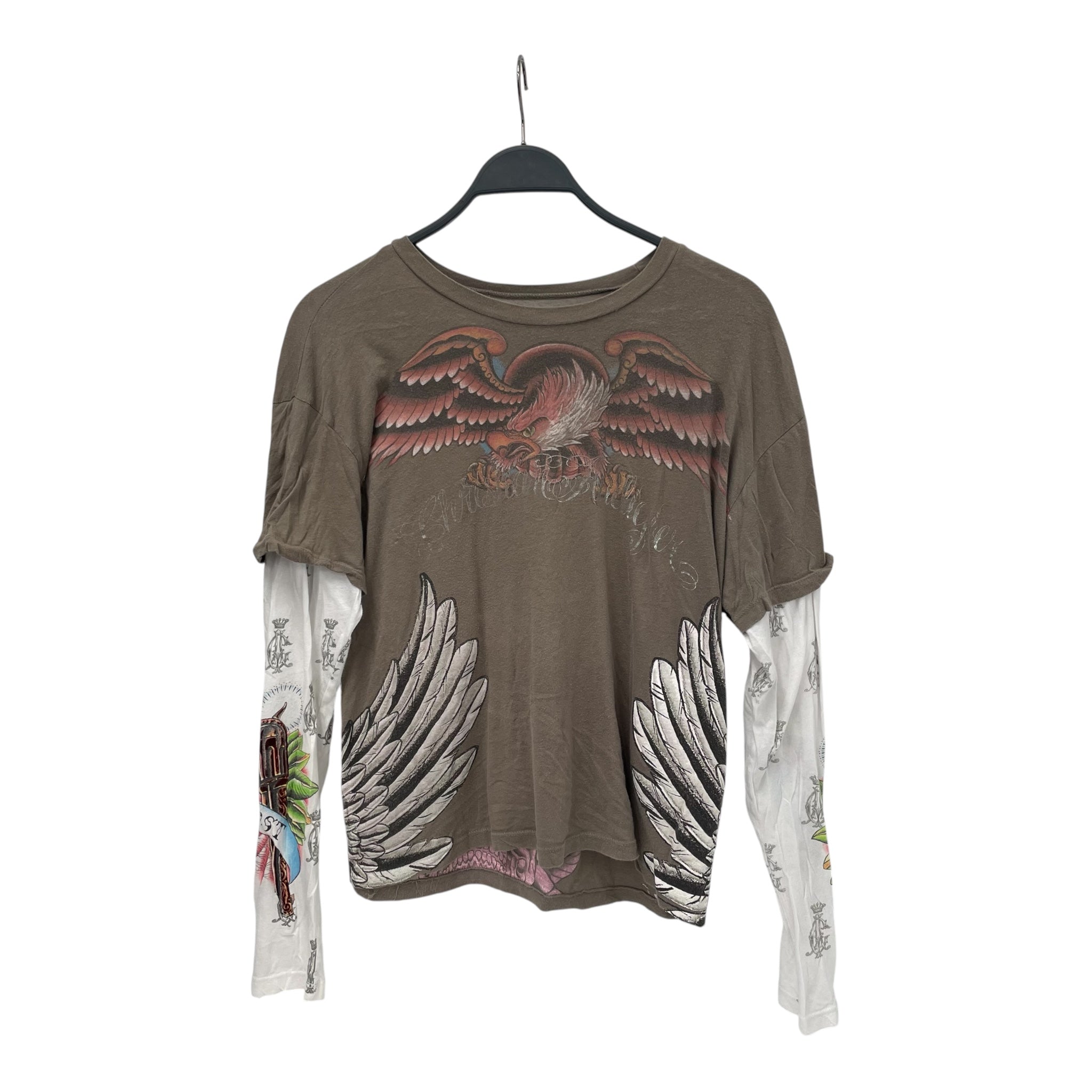 CHRISTIAN AUDIGIER/LS T-Shirt/M/Cotton/KHK/All Over Print/red eagle / wings on side view 1