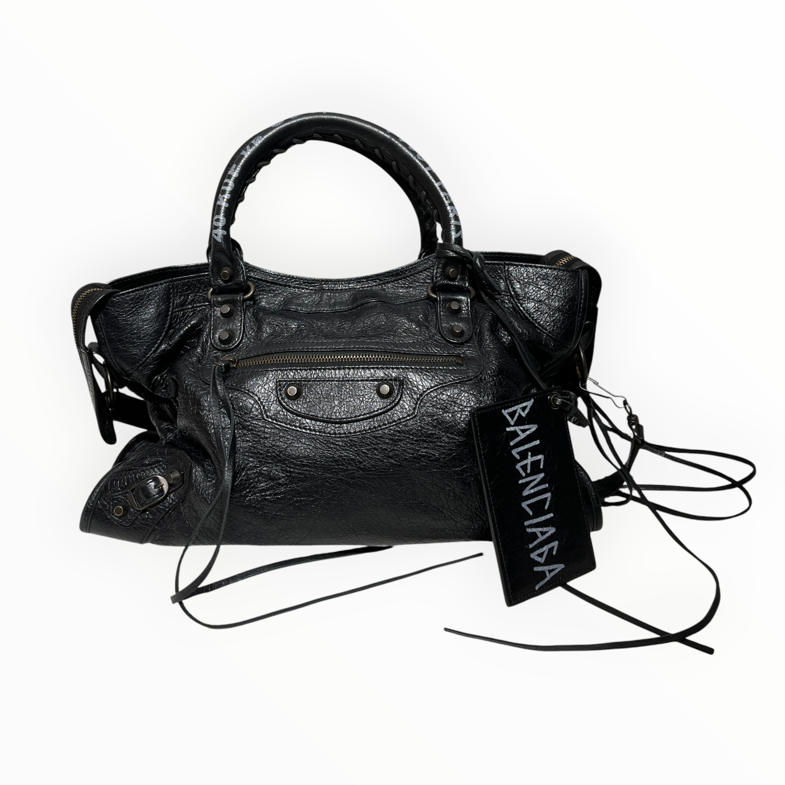 BALENCIAGA/Cross Body Bag/Leather/BLK/CUSTOM HANDLE WRITING view 1