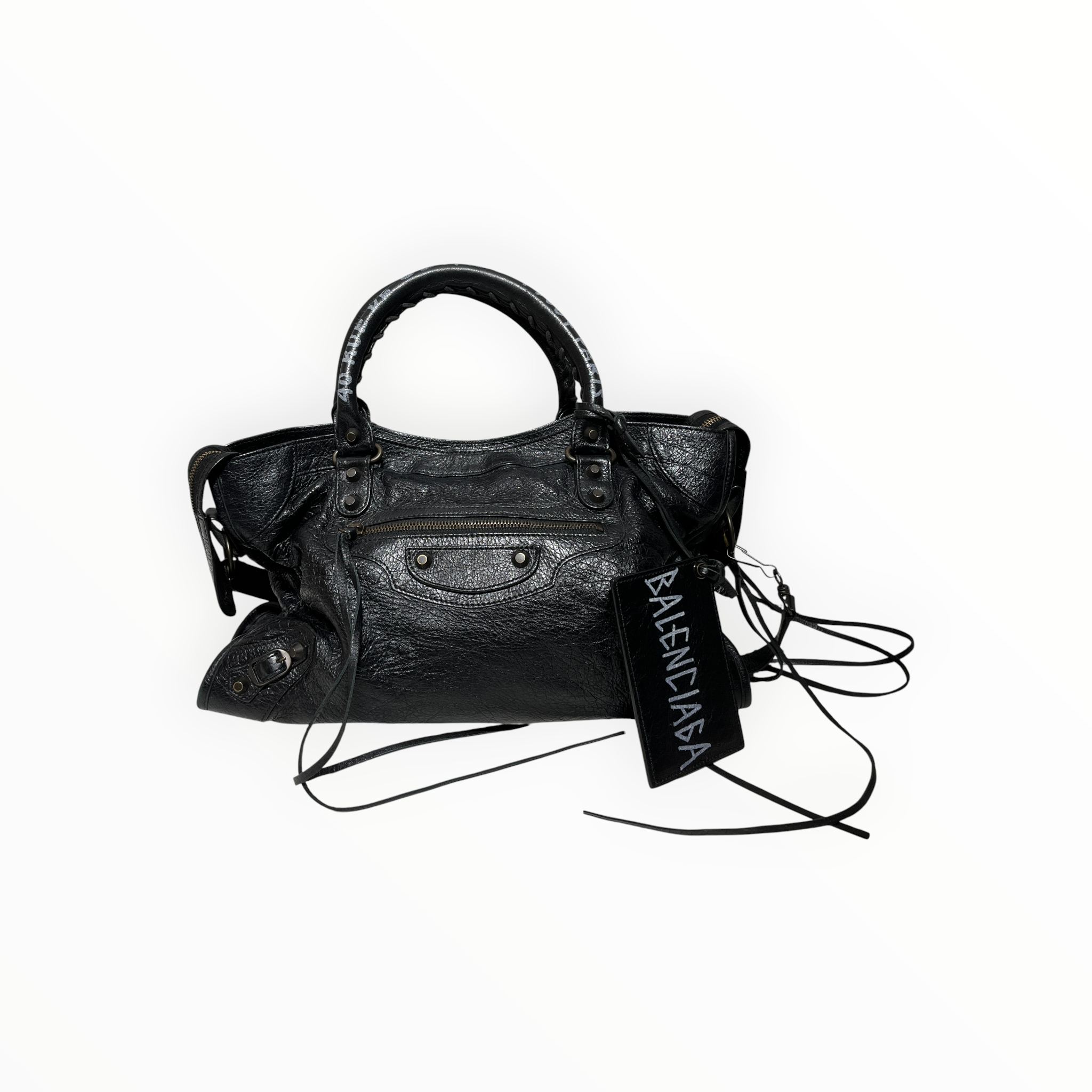 BALENCIAGA/Cross Body Bag/Leather/BLK/CUSTOM HANDLE WRITING view 1