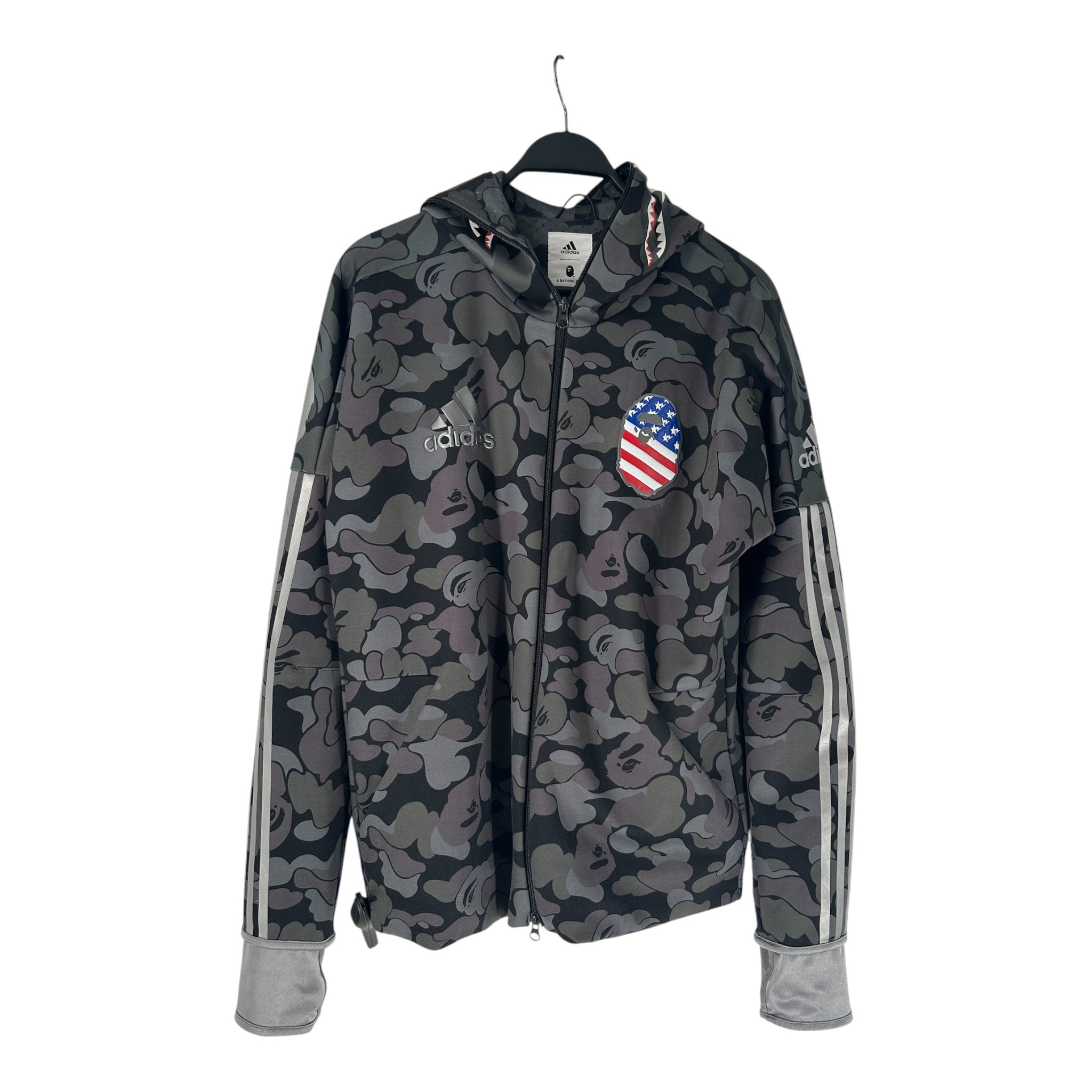 A BATHING APE/adidas/Zip Up Hoodie/L/Camouflage/Polyester/BLK/Oversize/american flag logo view 1