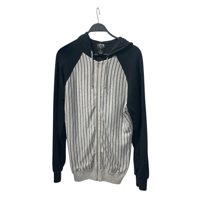 STUSSY/Zip Up Hoodie/XL/Stripe/Cotton/GRY/BLACK STRIPES, BLACK HOOD