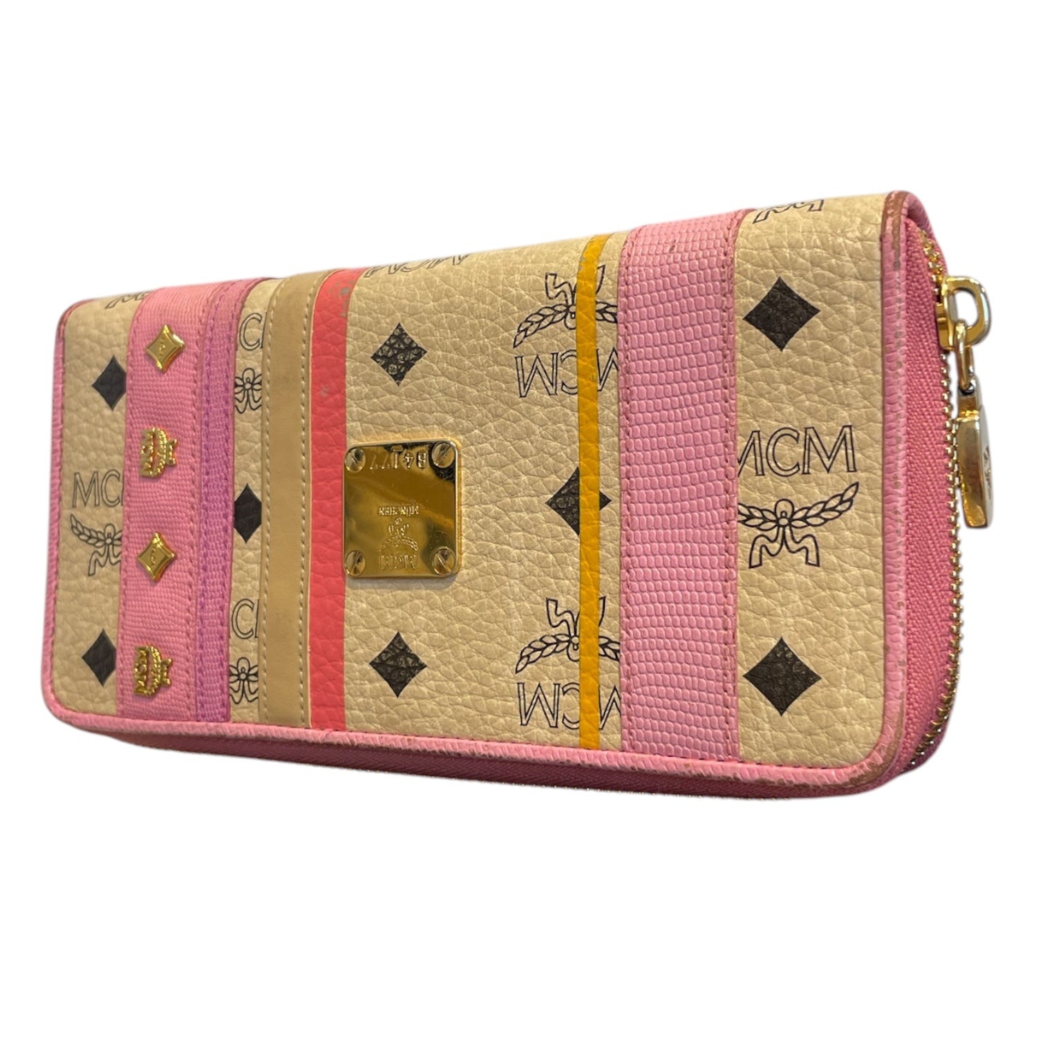MCM/Long Wallet/Monogram/Leather/CRM/PINK W YELLOW STRIPE view 1