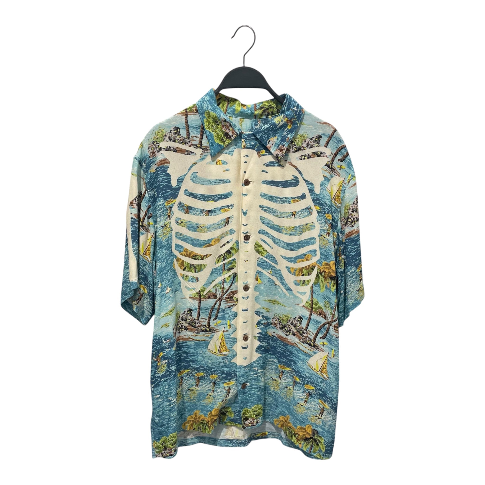 KAPITAL/SS Shirt/3/Rayon/BLU/All Over Print/kamehameha skeleton view 1