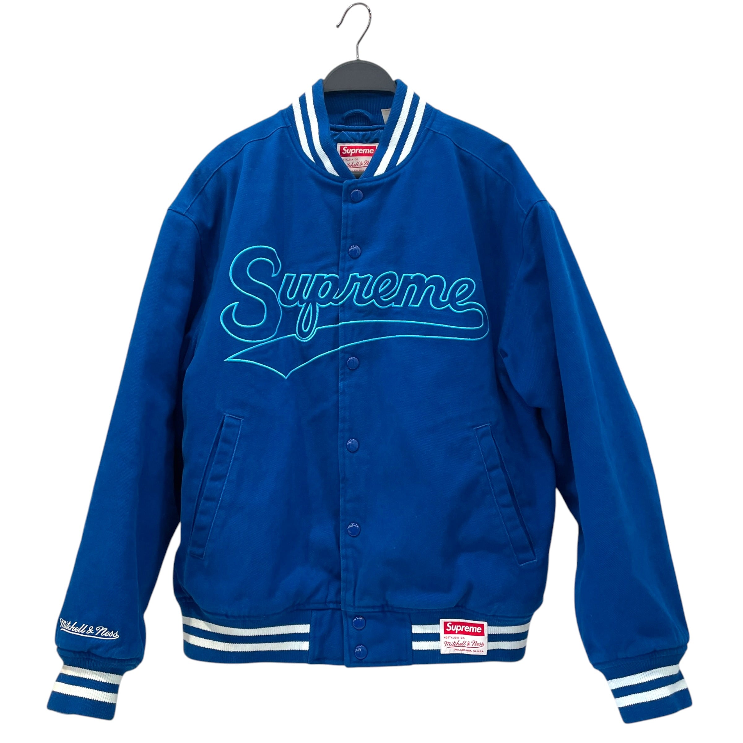 Supreme/mitchell&ness/Souvenir Jkt/S/Cotton/BLU/Stripe/pillsbury doughboy bl vars jkt view 1