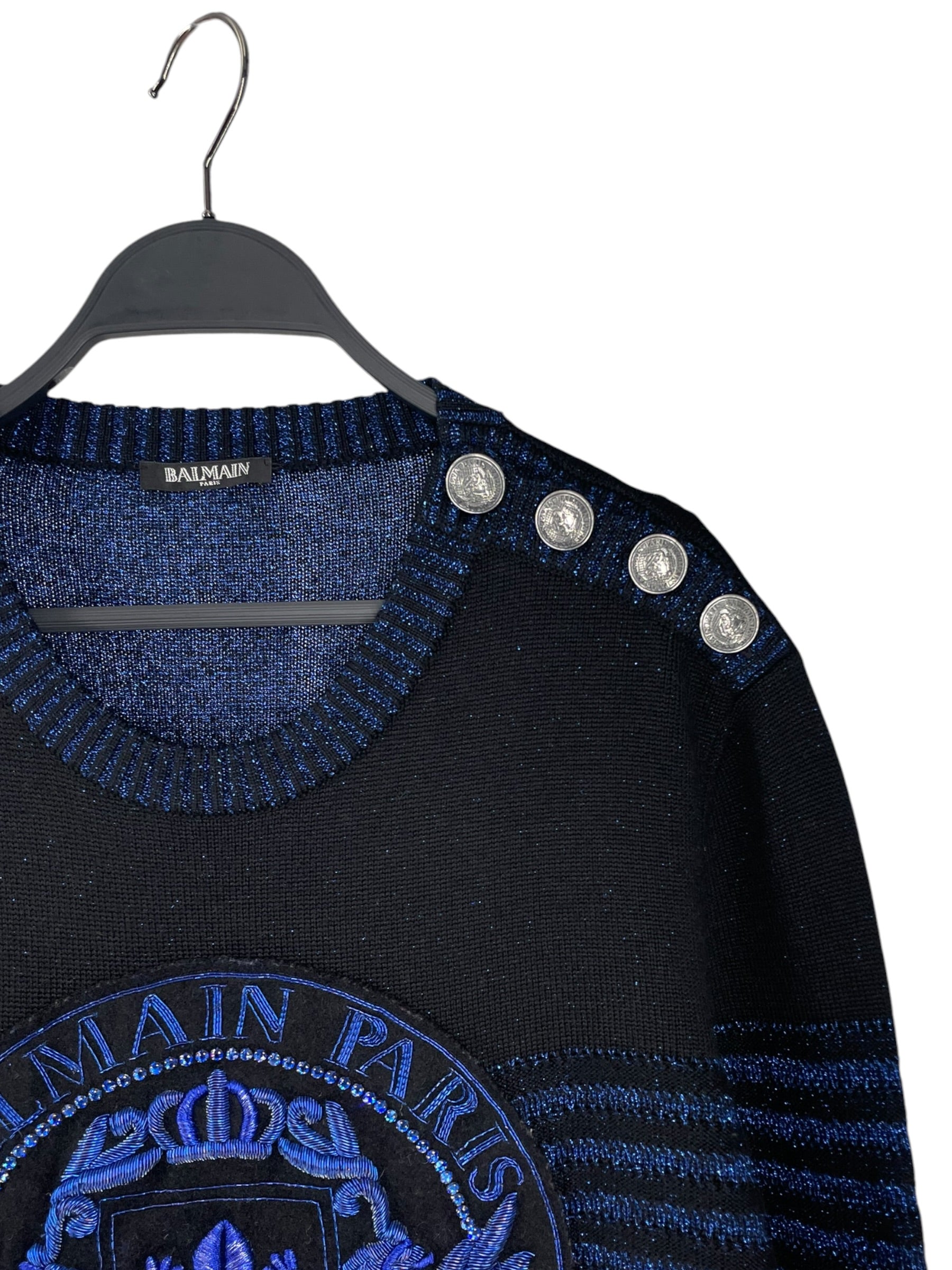 BALMAIN/Sweater/XL/Stripe/Wool/BLU/BLUE EMBROIDERED MOTIF KNIT view 3