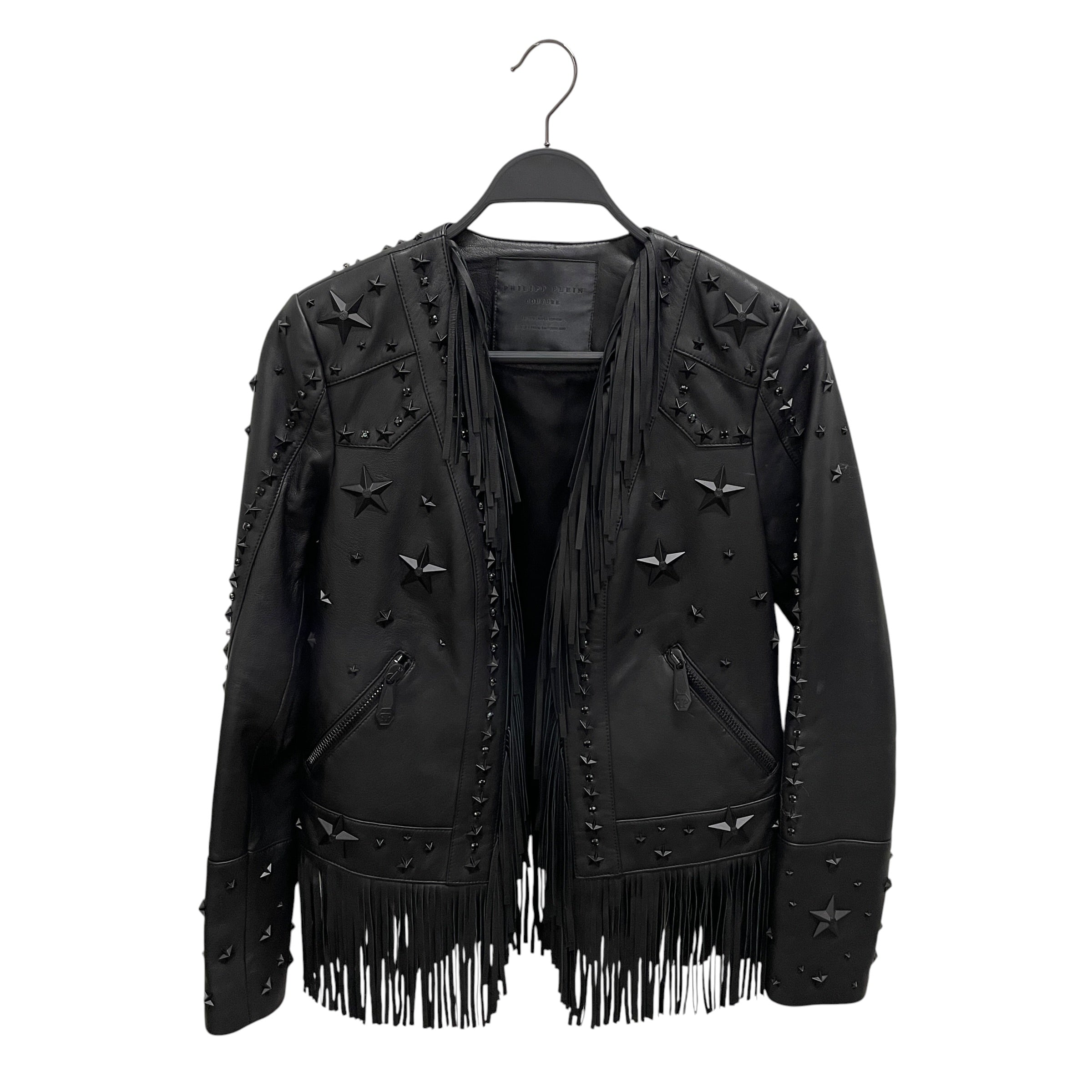 PHILIPP PLEIN/Leather Jkt/S/Leather/BLK/All Over Print/star studs + fringe view 2