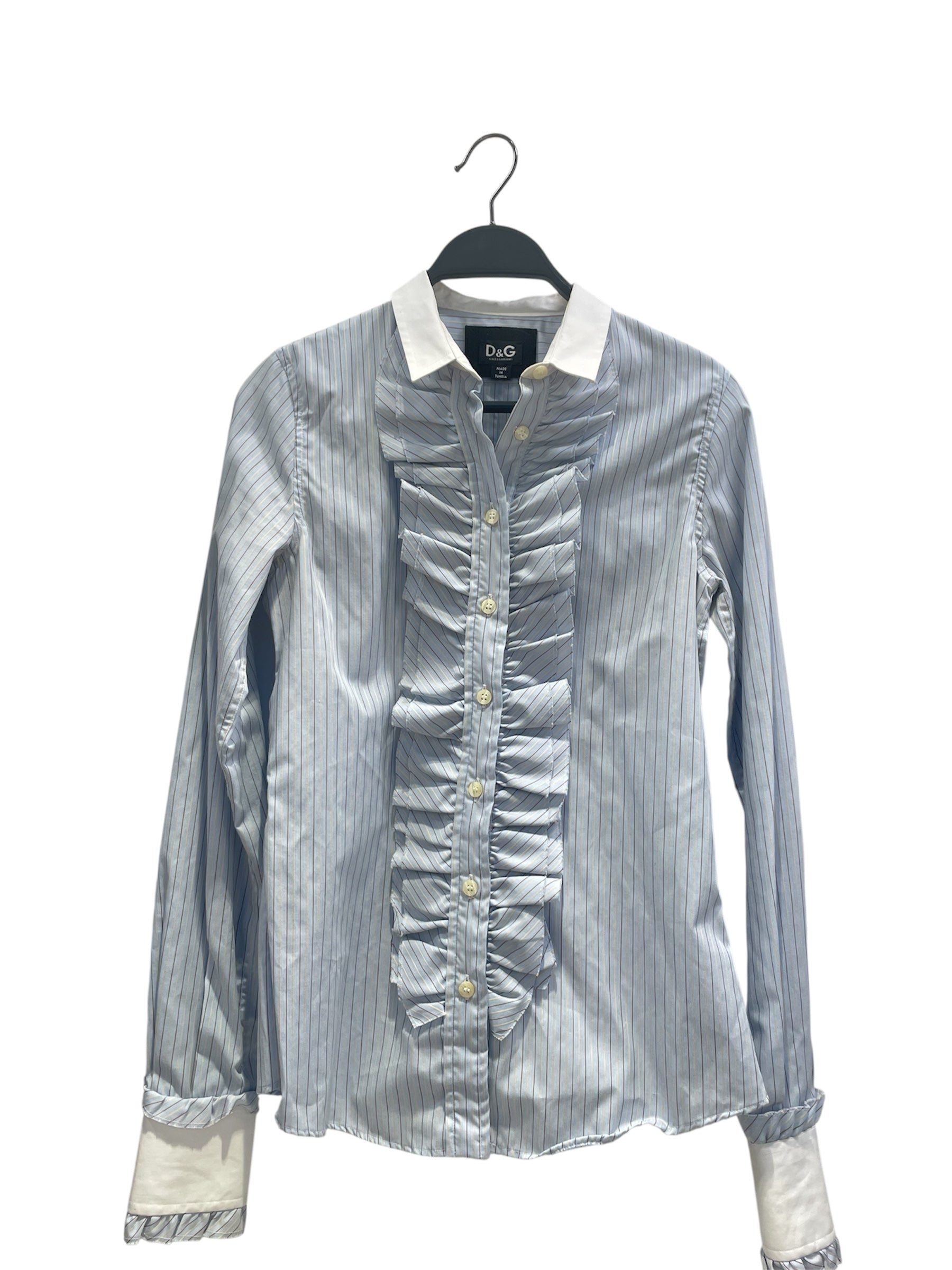 DOLCE&GABBANA/LS Blouse/38/Stripe/Cotton/BLU/RUFFLE FRONT BLOUSE view 1