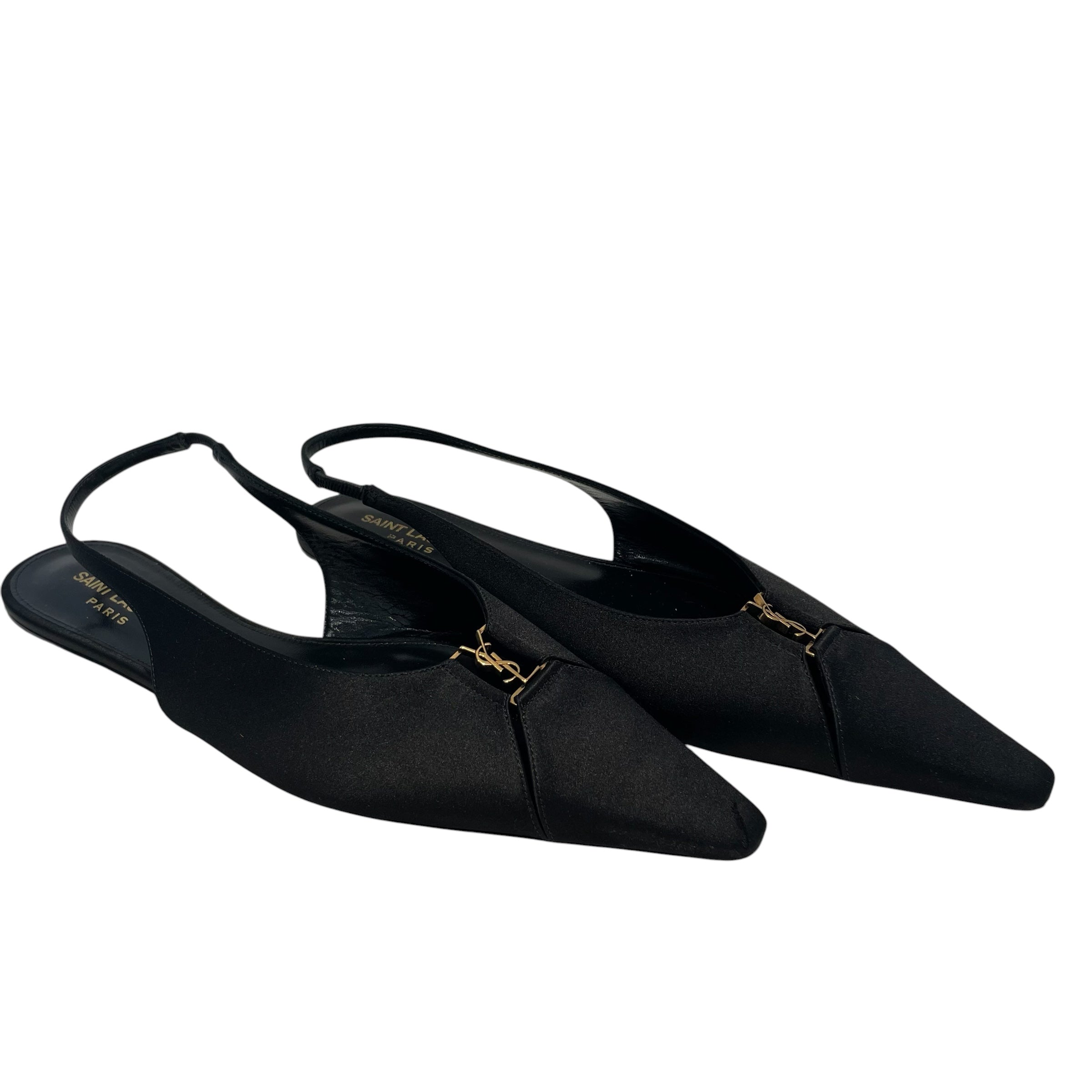 SAINT LAURENT/Flat Shoes/EU 39/Silk/BLK/satin bow accent sling back view 1