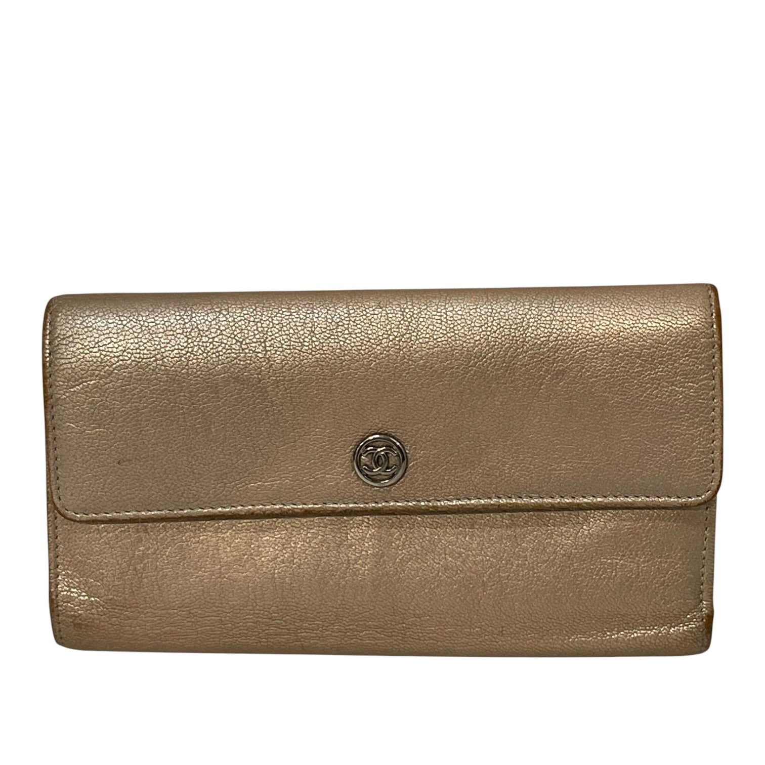 CHANEL/Long Wallet/Leather/GLD/L's/2007 metallic gold wallet view 1