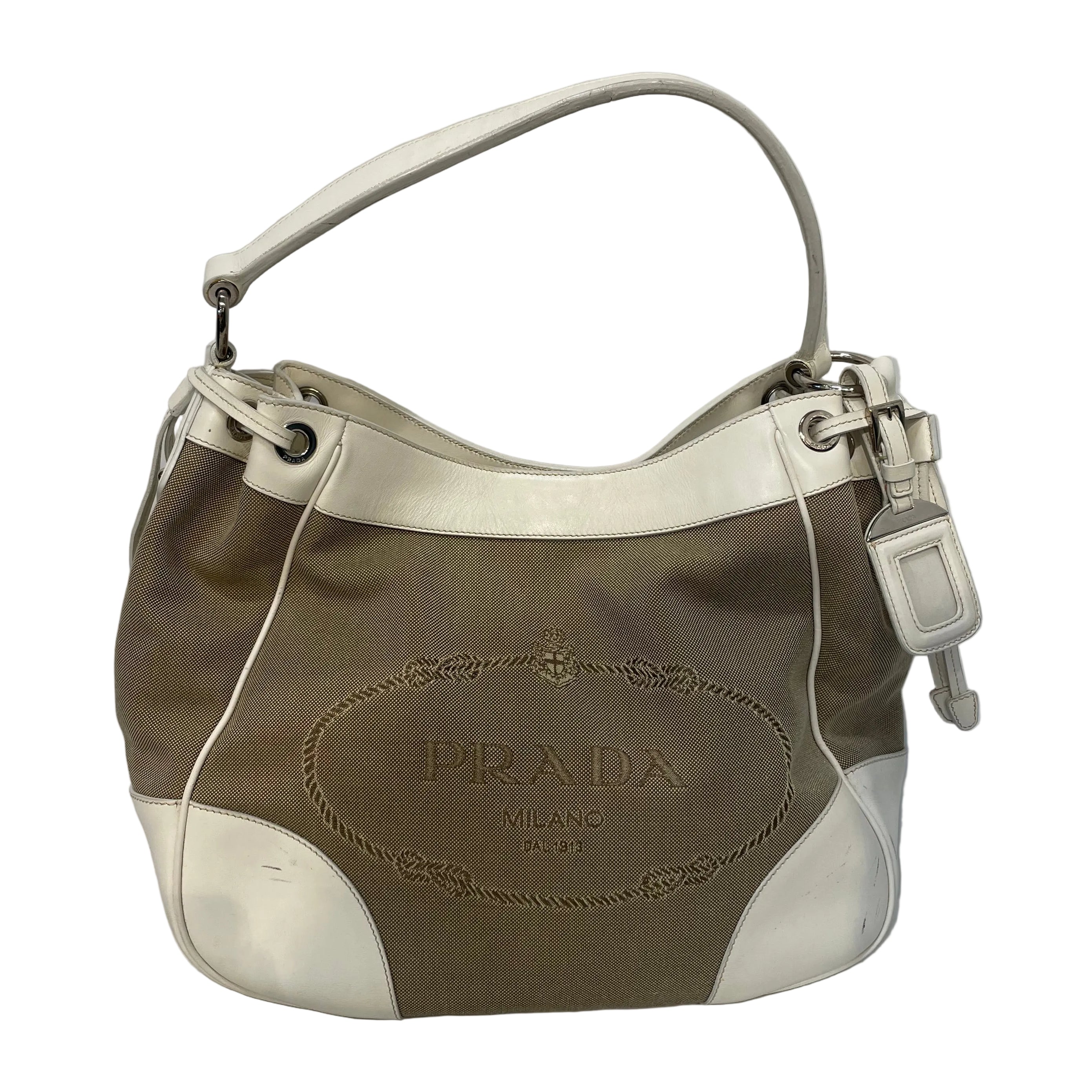 PRADA/Bag/Cotton/BEG/hobo canapa satchel white edge view 1