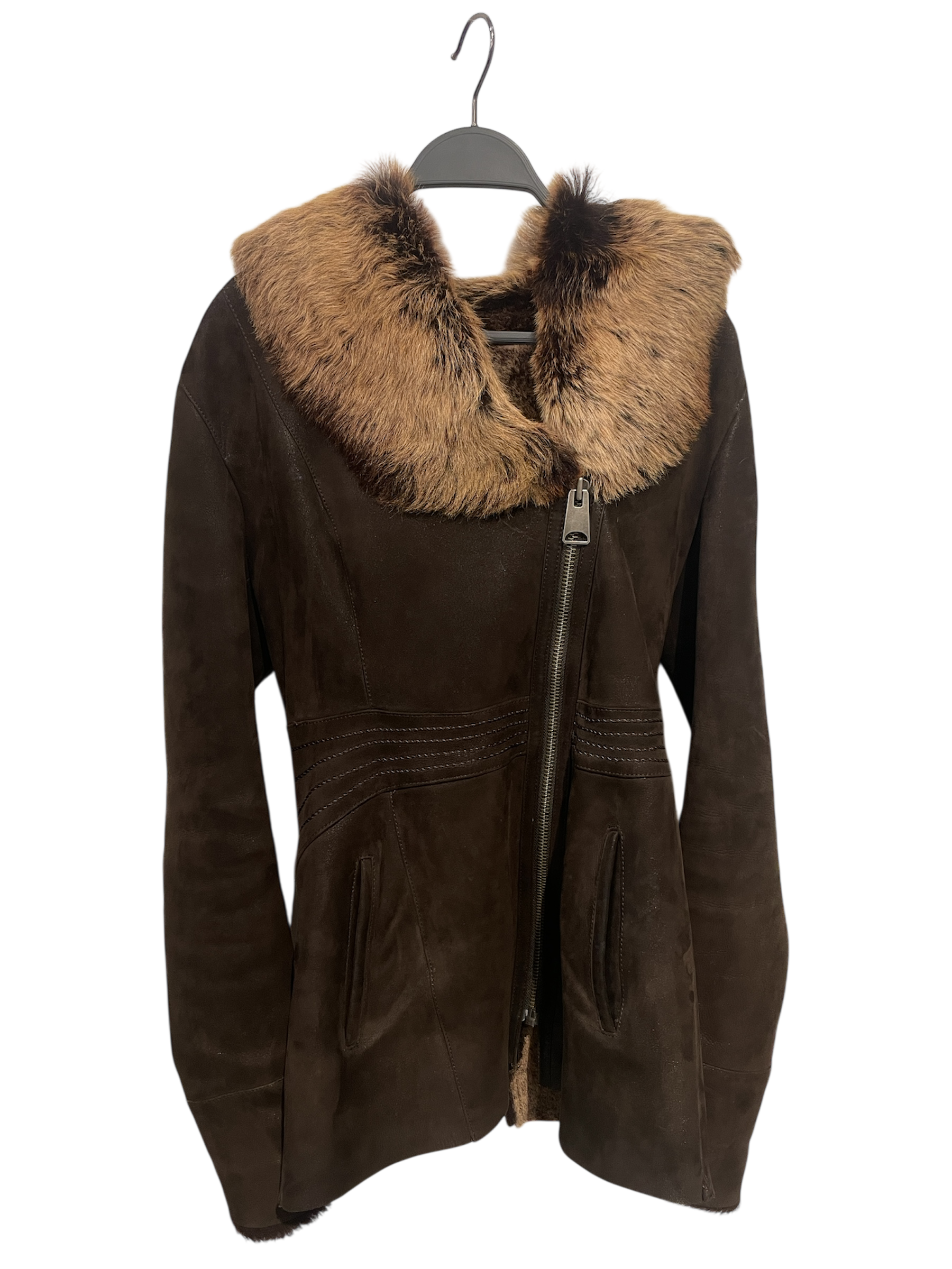 Vintage/Coat/34/Leather/BRW/HOOD/ REAL FUR LINING/BIG ZIP view 1