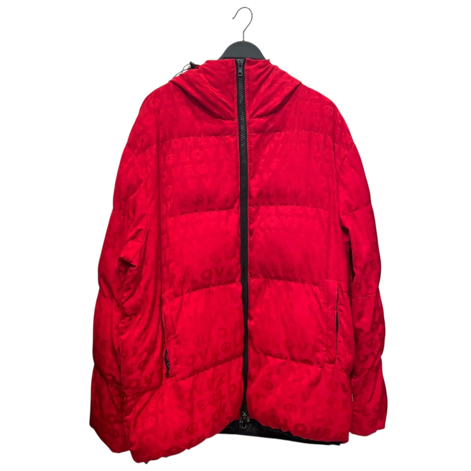 LOVE MOSCHINO/Puffer Jkt/L/Polyester/RED/All Over Print/hooded puffer logo all over view 1